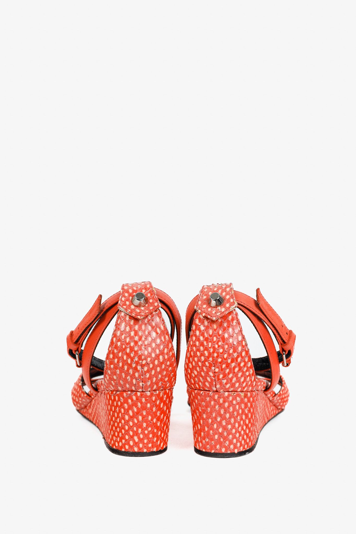 Balenciaga Balenciaga Orange Snakeskin-Embossed Studded Wedge Sandals Size US 4.5 / IT 34.5 - 3 Thumbnail