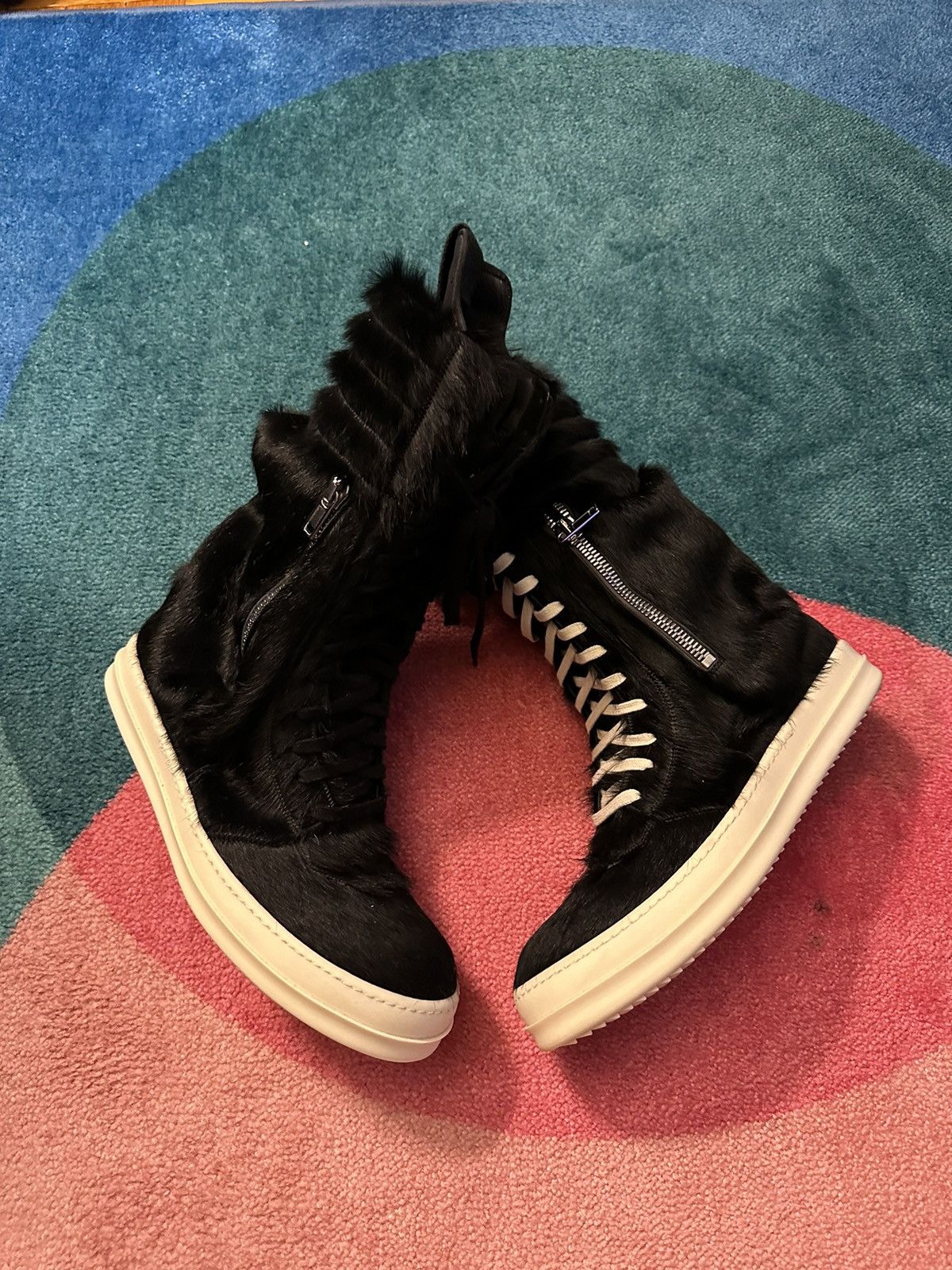 image of Rick Owens Pony Hair Cargobasket Shoes in Black, Men's (Size 12)
