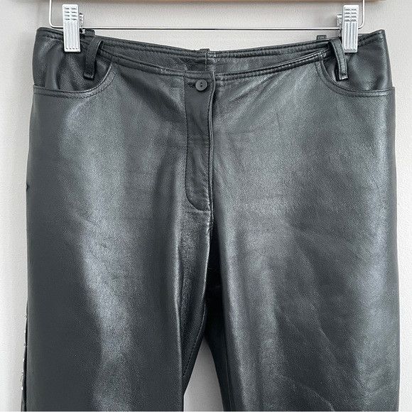 Vintage Vintage Black Leather Straight Leg Pants w/ Rhinestone Trim Size 30" / US 8 / IT 44 - 3 Thumbnail
