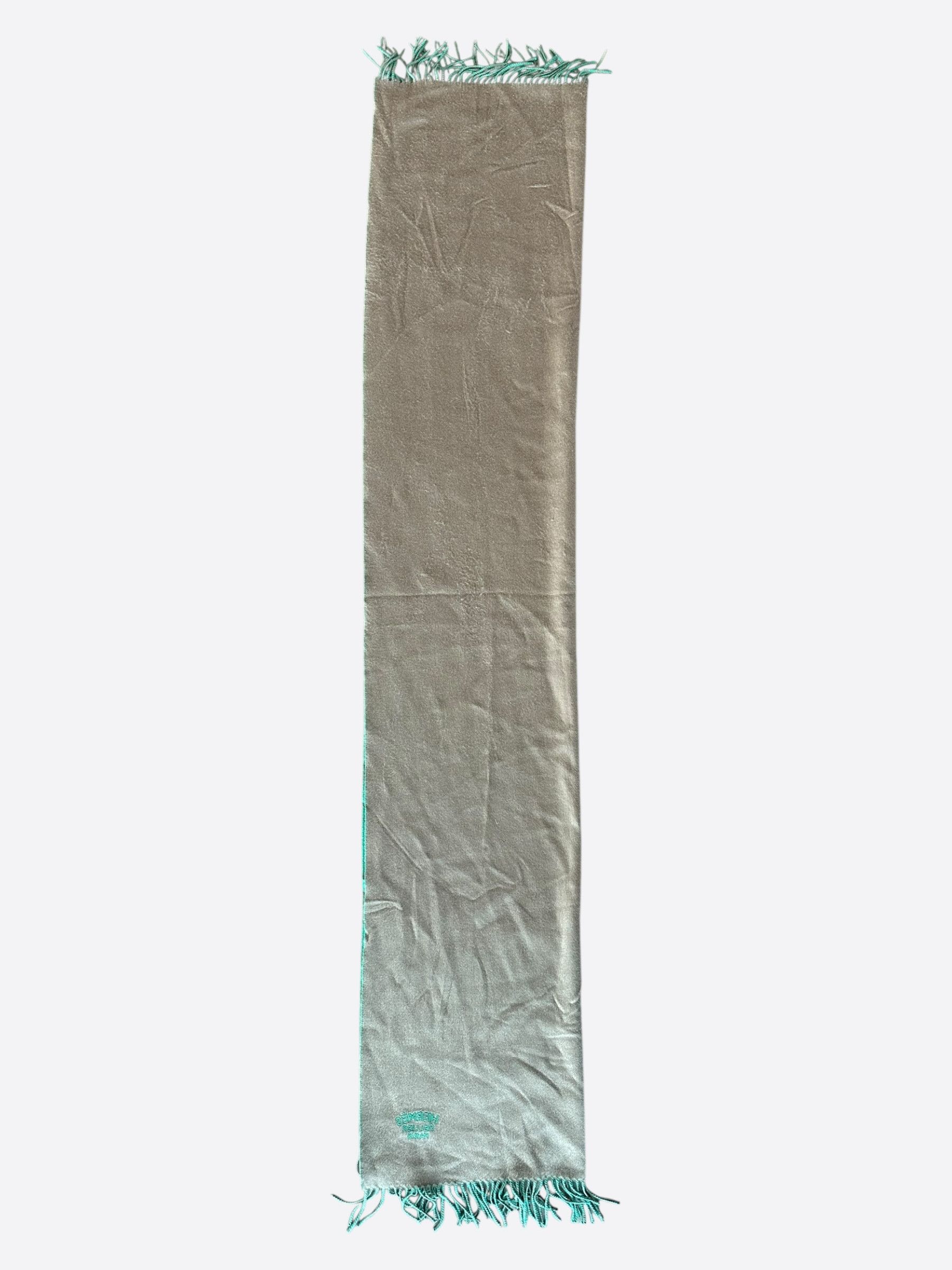 Hermes Hermes Grey & Turquoise Embroidered Logo Cashmere Scarf Size ONE SIZE - 2 Thumbnail
