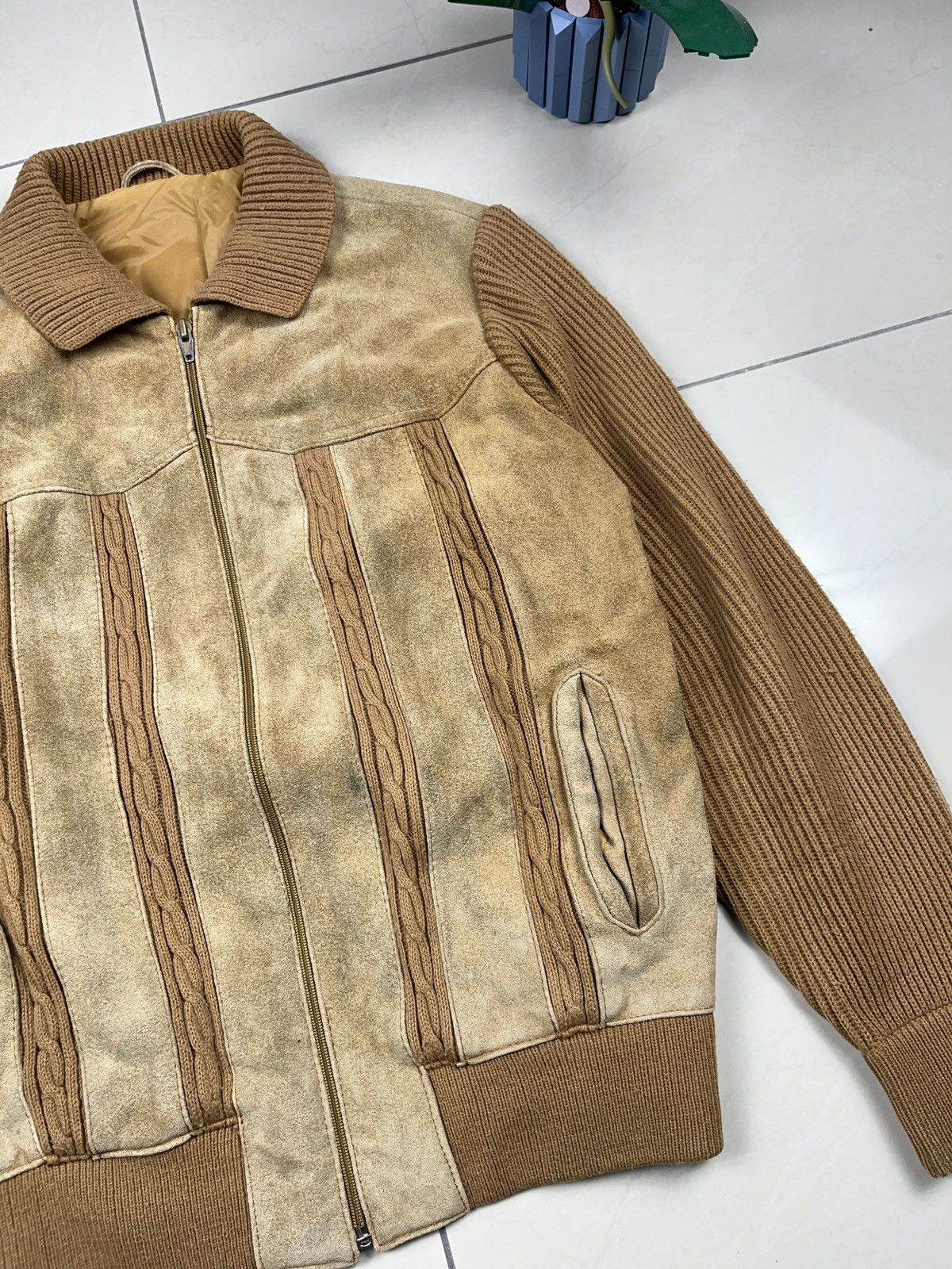 Genuine Leather ➕ vintage 70s wool cable knit suede leather jacket old money Size US L / EU 52-54 / 3 - 2 Thumbnail