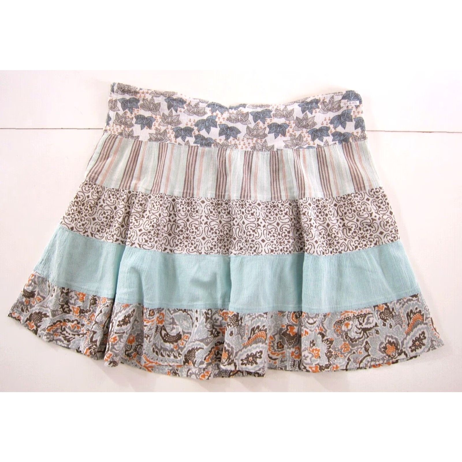 Vintage Columbia 100% Cotton Blue Brown Floral Paisley Drawstring A-Line Skirt Medium (Women) Knee Length Size 32" / US 10 / IT 46 - 2 Thumbnail