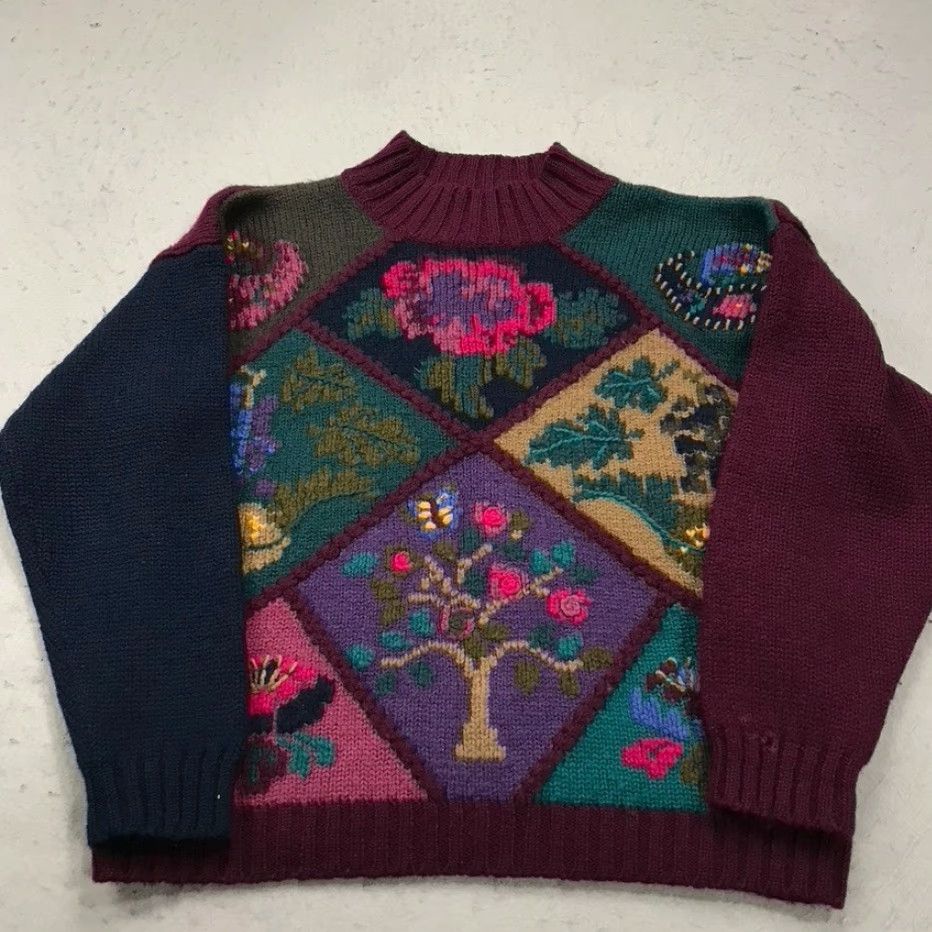 Eddie Bauer VINTAGE Eddie Bauer Sweater Womens Small Wool Floral Grandma Loud Knit 90s Size S / US 4 / IT 40 - 2 Thumbnail