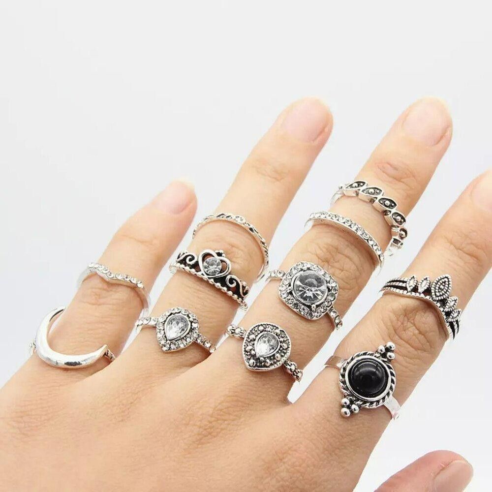 Designer 10pcs Vintage Rhinestone Knuckle Midi Stacking Boho Ring Set Size ONE SIZE - 6 Thumbnail