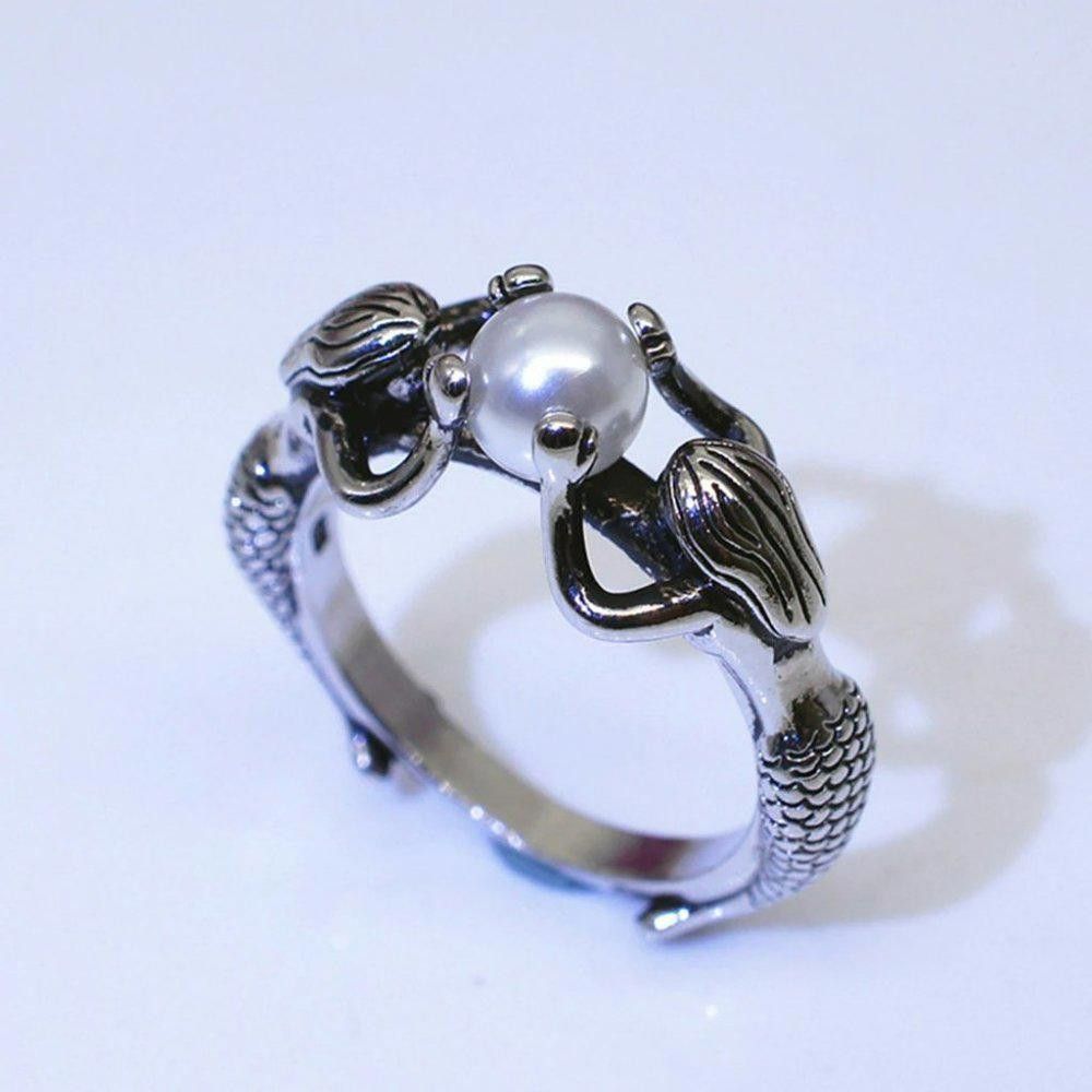 Designer Retro Mermaid Freshwater Pearl Antique Silver Ring - Size 7 Size ONE SIZE - 6 Thumbnail