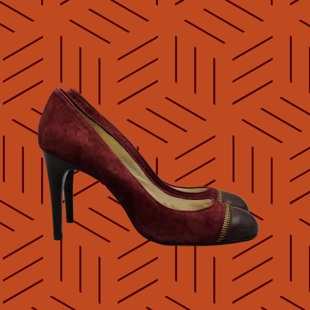Michael Kors VINTAGE Michael Kors Women's 10M Maroon Suede Brown Leather Cap Toe Zipper Stiletto Pump Heel Size ONE SIZE - 1 Thumbnail