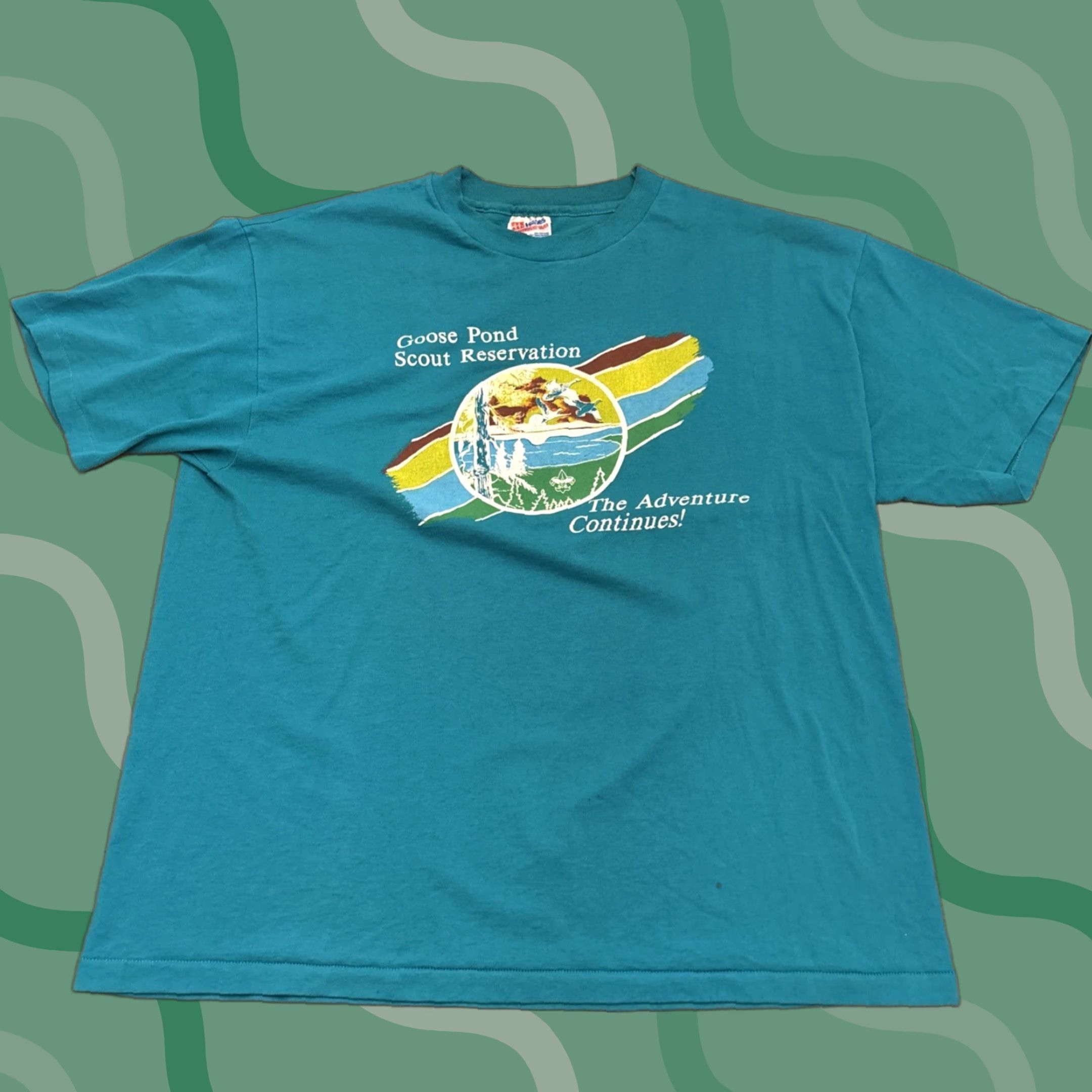 Hanes VINTAGE Goose Pond Scout Reservation T-Shirt XL Teal Hanes Crew Neck BSA Single Stitch Mens Size US XL / EU 56 / 4 - 1 Thumbnail