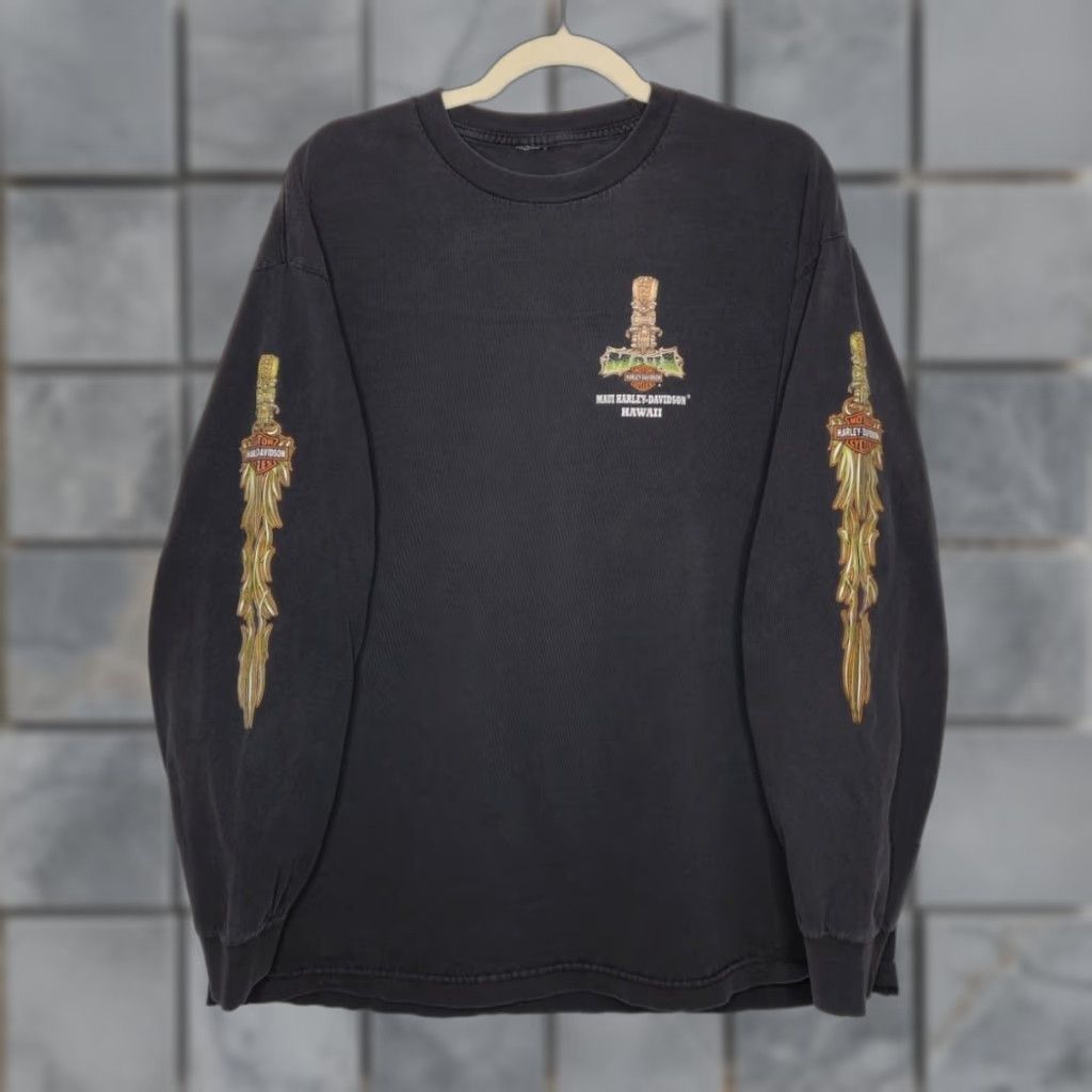 Harley Davidson VINTAGE Harley Davidson Shirt Long Sleeve Aloha Tiki Hawaii Black XL Unisex Adults Girls/Boys Mens Womens Size US XL / EU 56 / 4 - 1 Thumbnail
