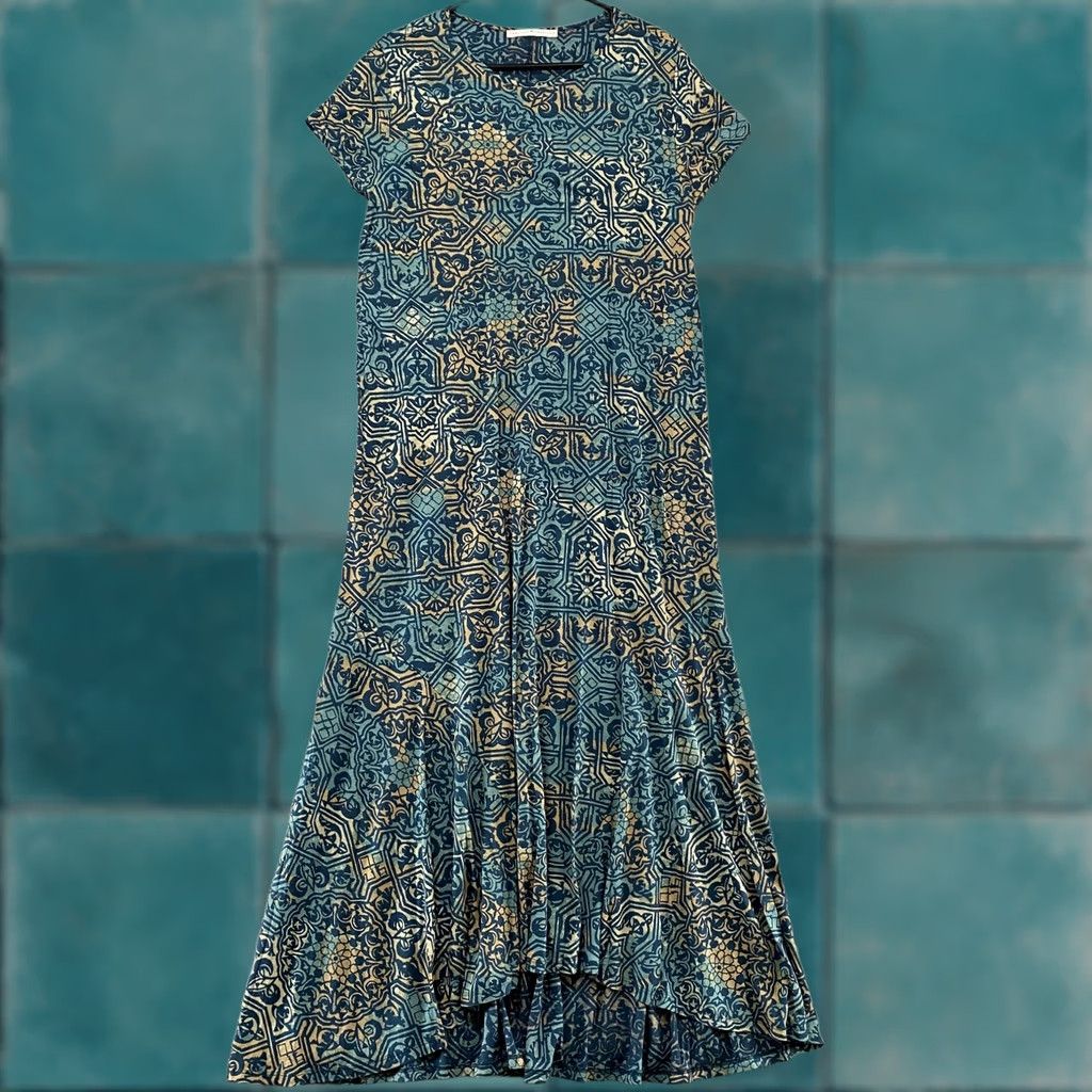 Vintage Peruvian Connection Maxi Dress Womens XL Blue Tile Stretch Jersey Mosaic Pima Size XL / US 12-14 / IT 48-50 - 1 Thumbnail