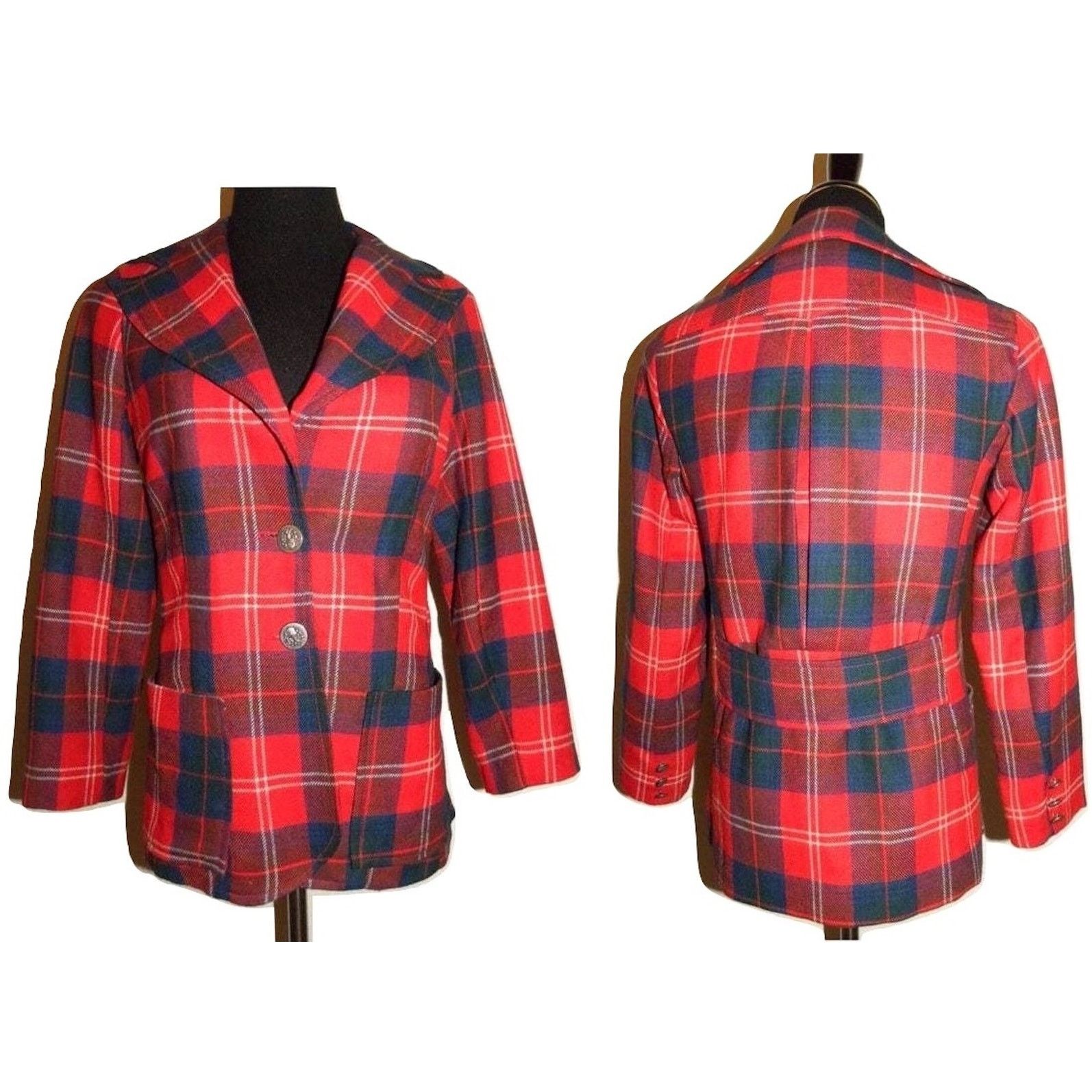 Vintage 70s RED Plaid Tartan Blazer Wide Notched Collar MOD Punk Size S / US 4 / IT 40 - 3 Thumbnail