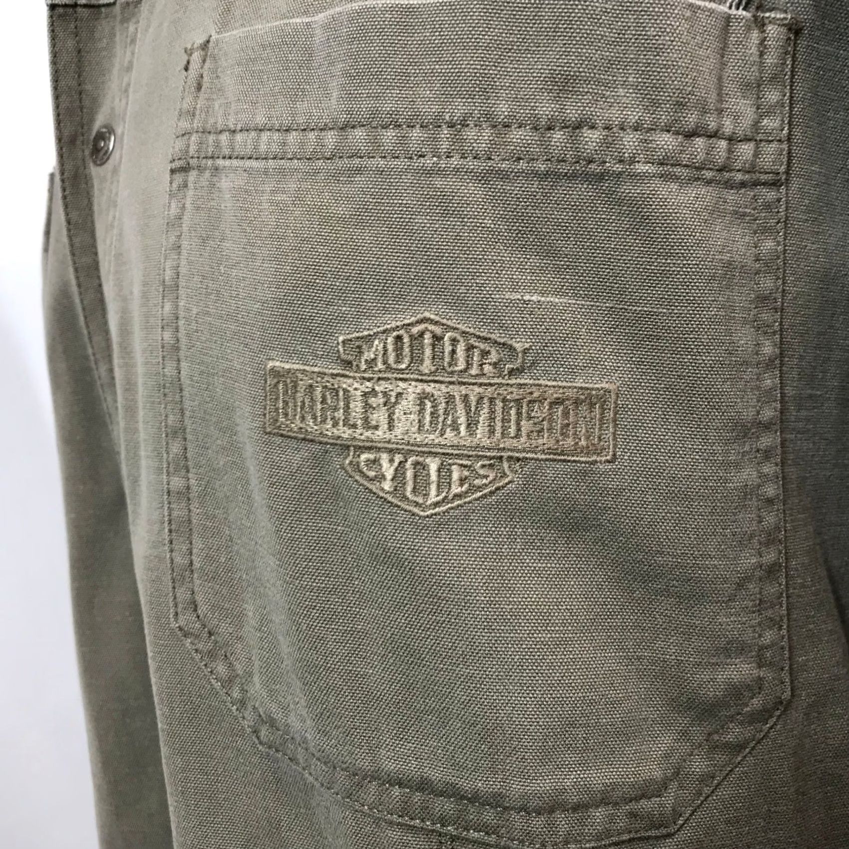 Harley Davidson Harley-Davidson Mens Olive Green Canvas Long Sleeve Snap Button Work Shirt XL Size US XL / EU 56 / 4 - 7 Thumbnail