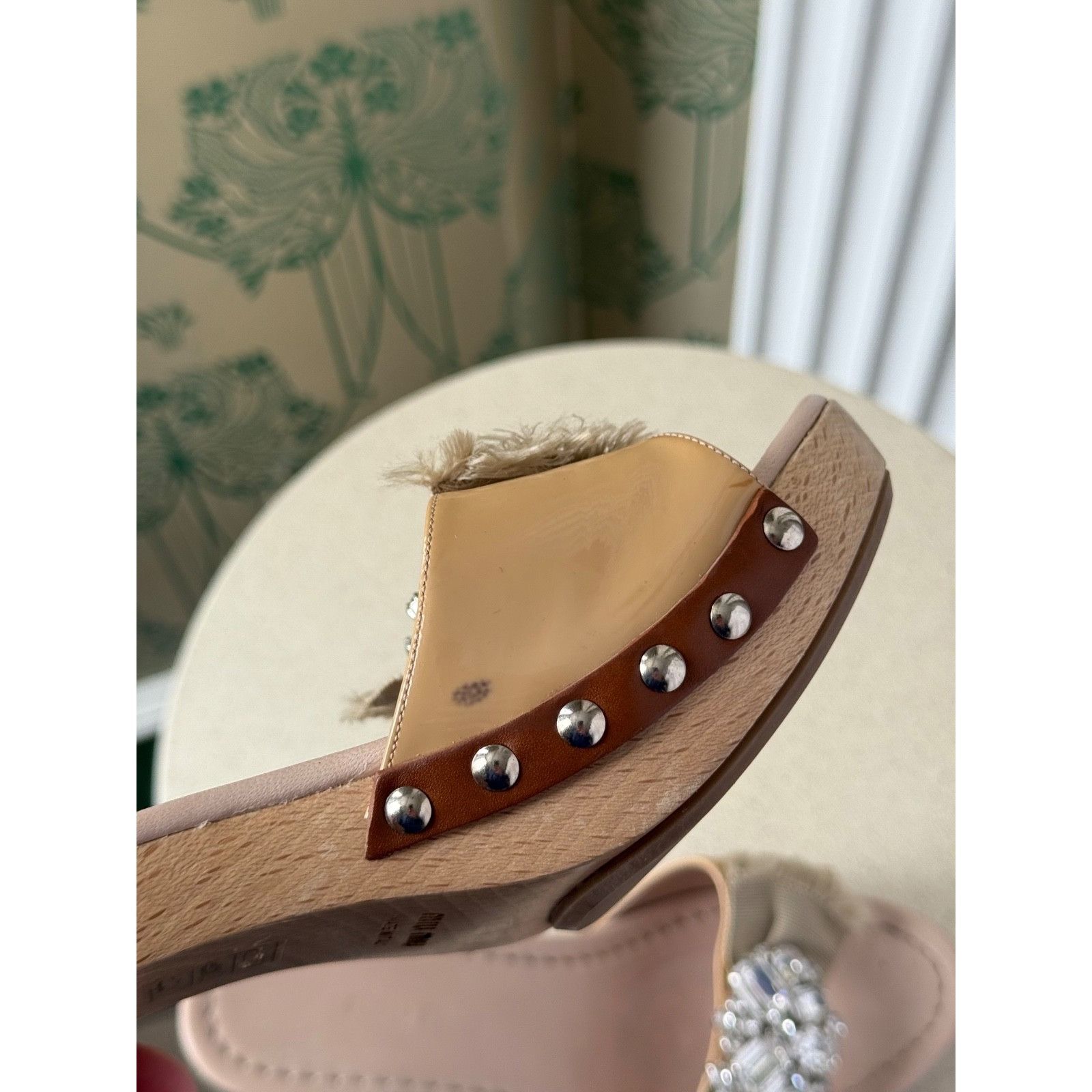 Miu Miu Miu Miu Beige Patent Leather Crystal Embellished Clogs Size US 6 / IT 36 - 15 Thumbnail