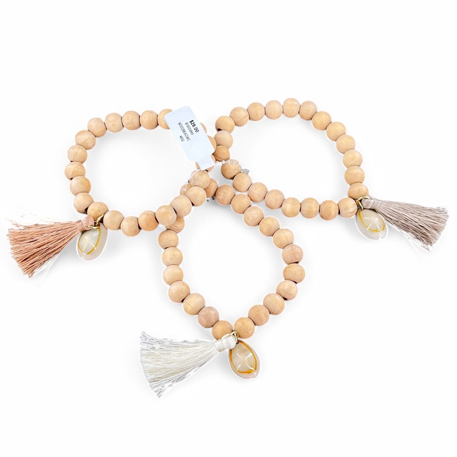 Other Wooden Bead Stretch Bracelet Cowrie Shell Tassel Boho x3 Size ONE SIZE - 3 Thumbnail