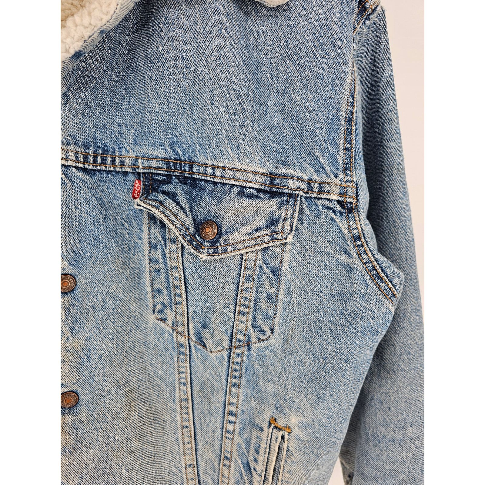 Levi's 90s Levis Jacket Mens M Blue Denim Trucker Sherpa Lined USA Size US M / EU 48-50 / 2 - 2 Thumbnail