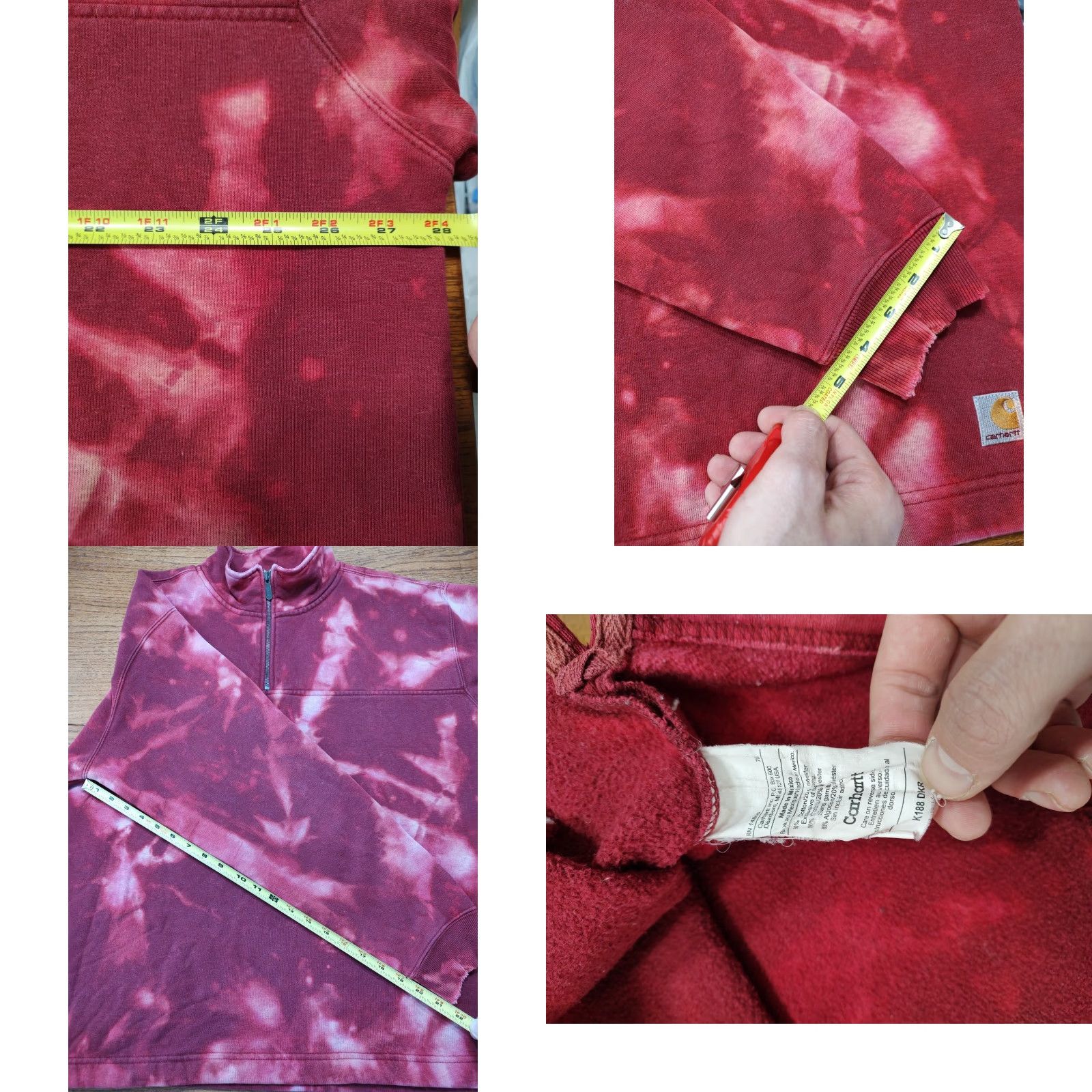 VINTAGE Carhartt Sweatshirt Mens XL 1/4 Zip Tie Dye Red Knit Logo 90s College Outdoor Pullover