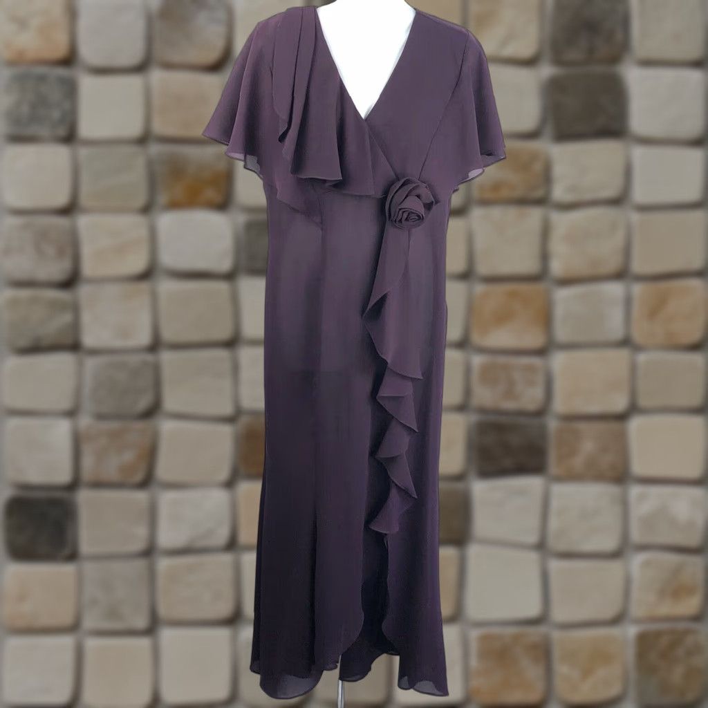 Vintage VINTAGE Karin Stevens Maxi Dress Purple 10 Chiffon Ruffles Flutter Sleeve V-Neck Wedding Formal 90s Womens Size L / US 10 / IT 46 - 1 Thumbnail