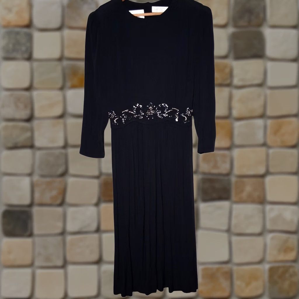 Vintage VINTAGE Karin Stevens Petites Dress 10 Petite Black Rayon Beaded Long Slv 90s Womens Size L / US 10 / IT 46 - 1 Thumbnail