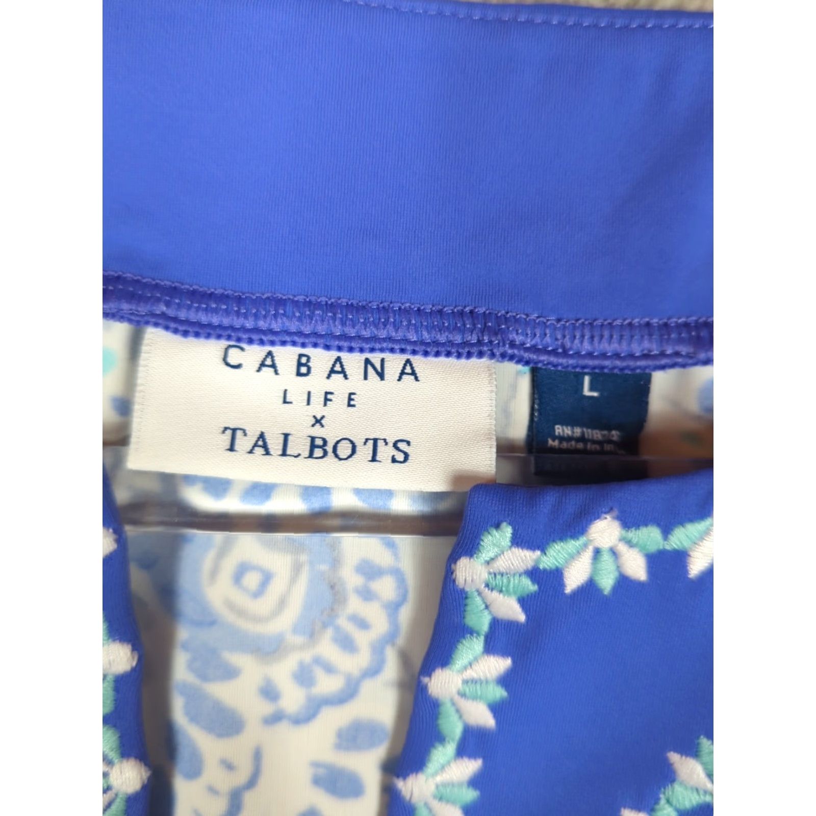 Vintage Cabana Life x Talbots Dress Womens L UPF50+ Blue Floral Knit Sleeveless V-Neck Knee Length Embroidered Summer Resort Cruise Beachy Size L / US 10 / IT 46 - 3 Thumbnail