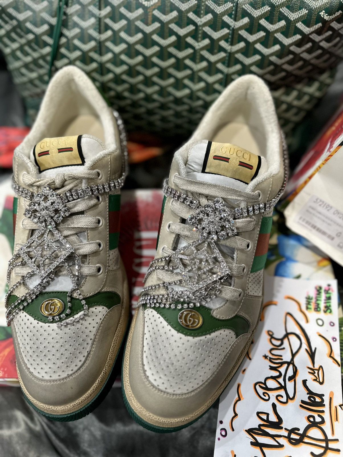 Gucci Off White Green Distressed Leather Crystal Screener Sneakers Size US 14 / EU 47 - 3 Thumbnail