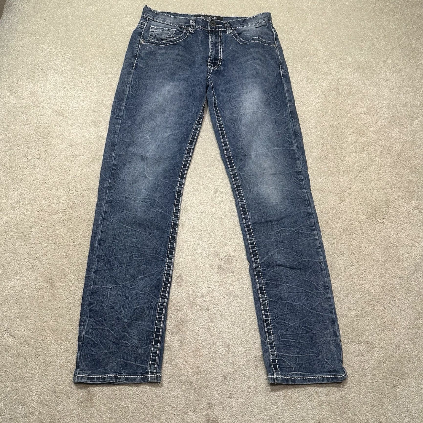 Vintage True Luck Jeans Mens 30X32 Straight Blue Stretch Denim 5-Pocket Regular Rise Distressed Cowboy Logo USA Size US 30 / EU 46 - 2 Thumbnail