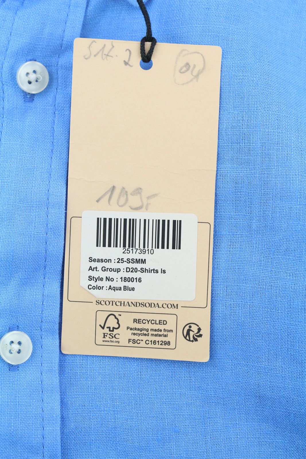 Scotch & Soda M Blue Linen Button-Down Roll-Up Shirt 88519 Size US M / EU 48-50 / 2 - 6 Thumbnail