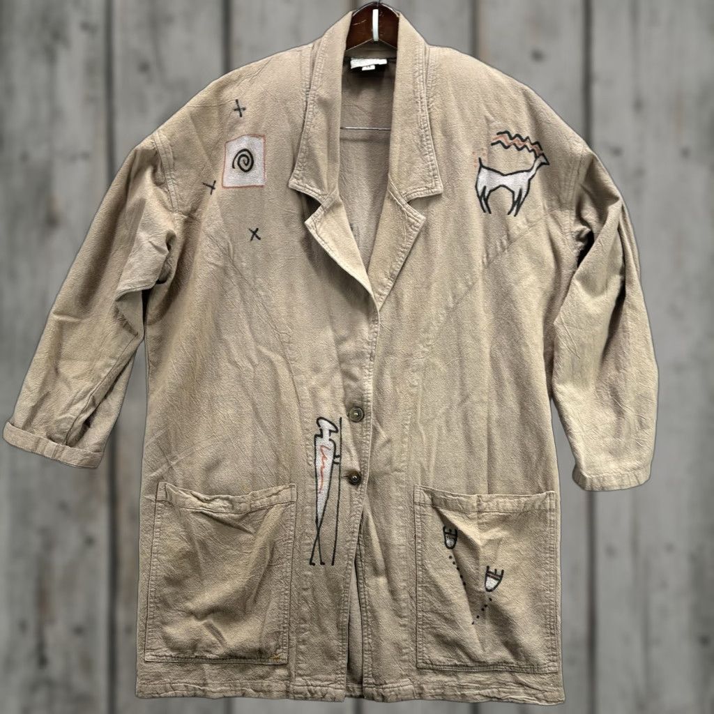 Vintage VINTAGE Cotton U.S.A. Jacket Womens XS Tan Southwestern Petroglyph Lagenlook Jacket Size XS / US 0-2 / IT 36-38 - 1 Thumbnail