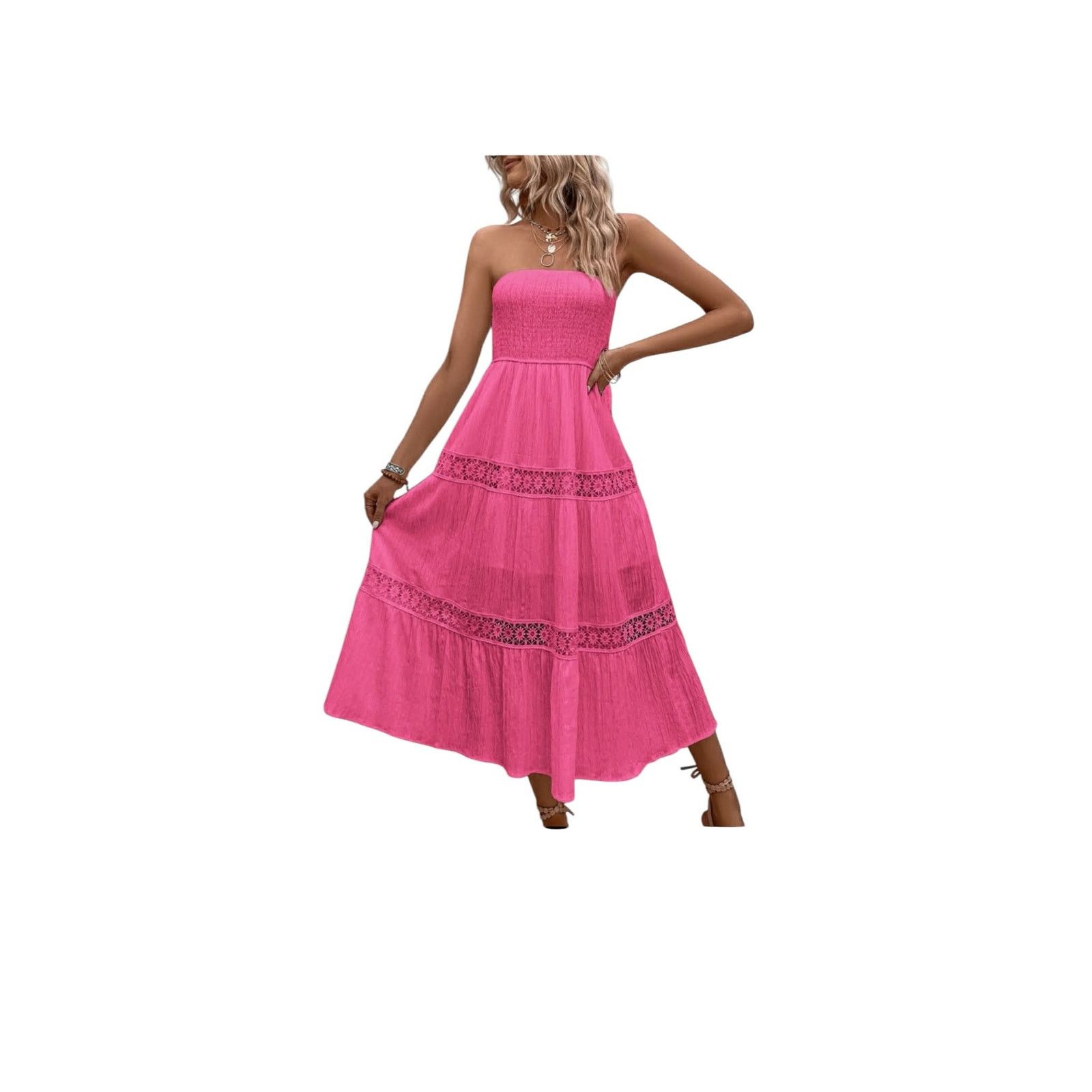 Other NEW Pink Smocked Tiered Boho Dress Ruched Strapless Maxi SM Size S / US 4 / IT 40 - 2 Thumbnail