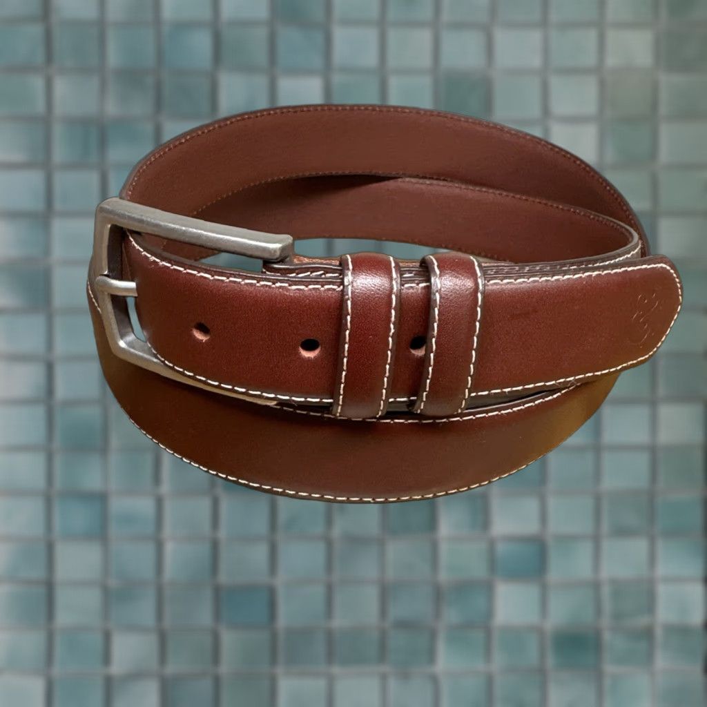 CO Collars & Co Leather Brown Belt 3XL Silver Buckle White Stitch Belt Mens Regular 49” L 1.25” W Designer Dress Golf Work NWOT Size ONE SIZE - 1 Thumbnail
