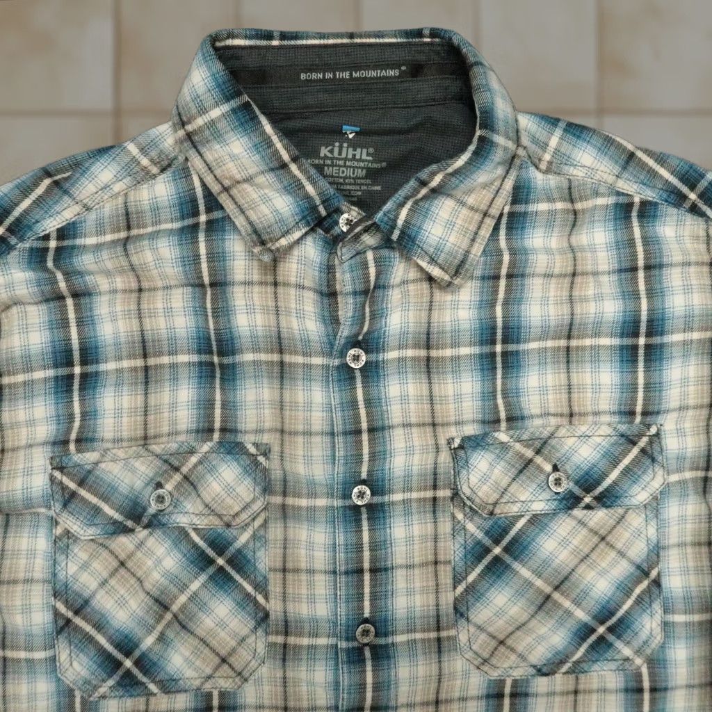Vintage Kuhl Shirt Mens Medium Tan Blue Plaid Lightweight Flannel Long Sleeve Button-Up Casual Workwear/Travel Size US M / EU 48-50 / 2 - 1 Thumbnail