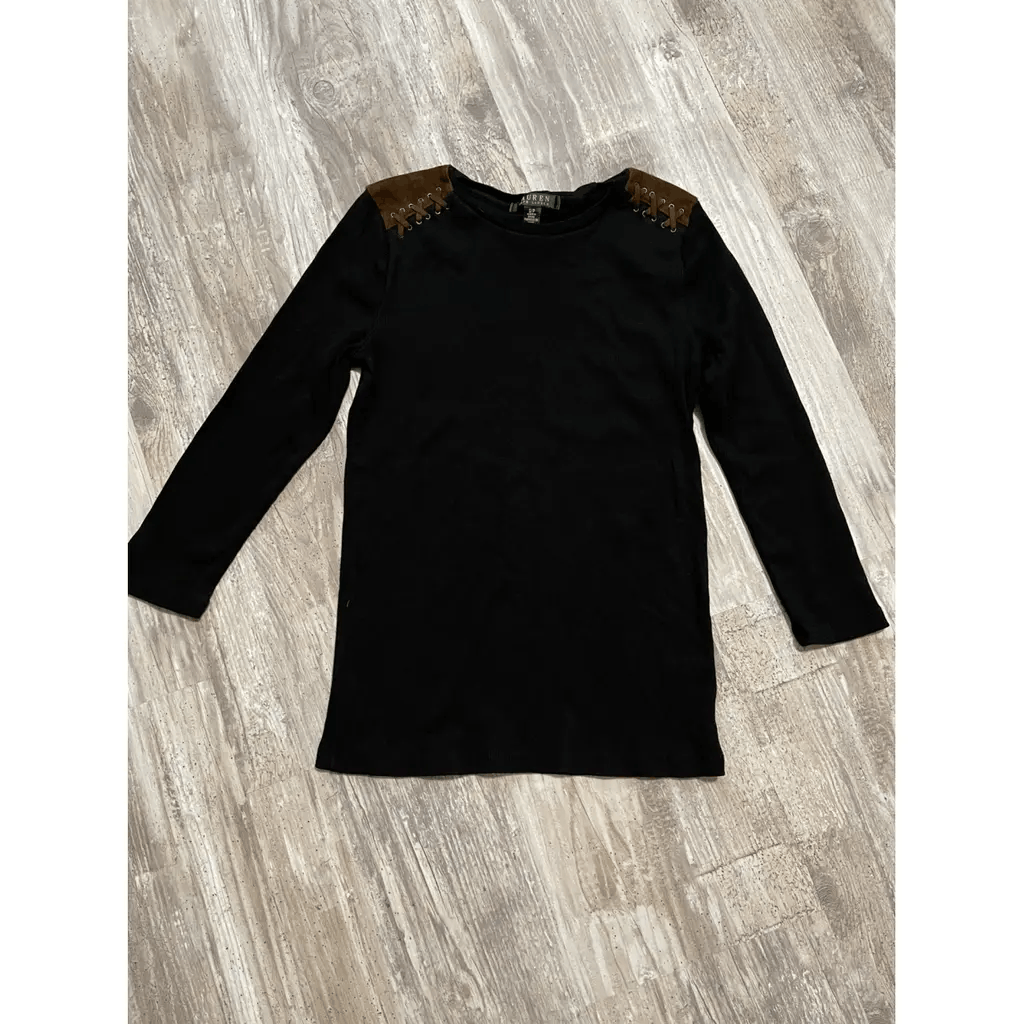 Lauren Ralph Lauren Ralph Lauren Black Cotton Top w/ Suede Shoulder Detail (S) Size S / US 4 / IT 40 - 1 Thumbnail