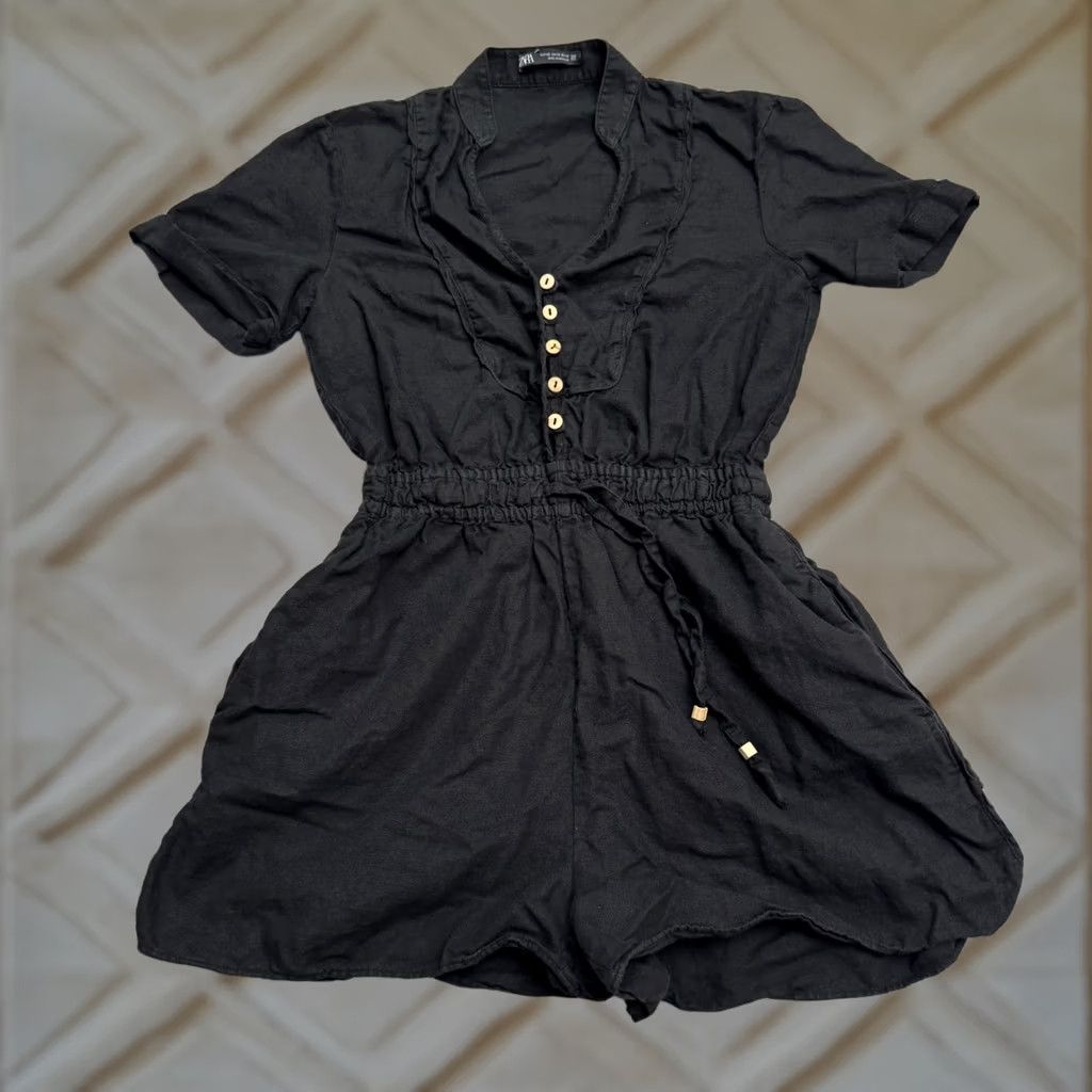 Zara Zara Linen Blend Button Up Romper Women XS Black Elastic Waist Short Sleeve Boho Size 26" / US 2 / IT 38 - 1 Thumbnail