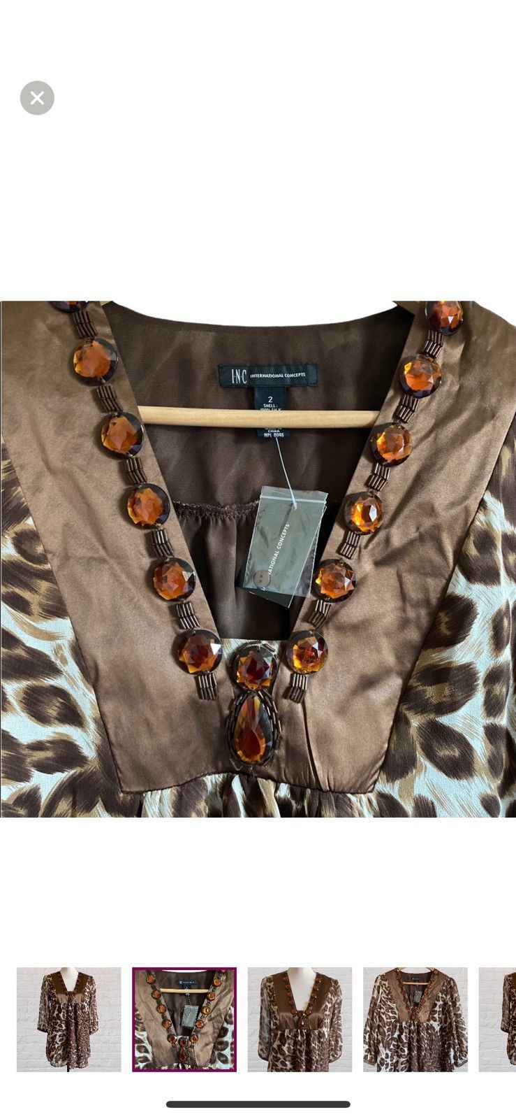 I.N.C INC INTERNATIONAL SILK LEOPARD EMBELLISHED BEADED TOP Size XS / US 0-2 / IT 36-38 - 2 Thumbnail