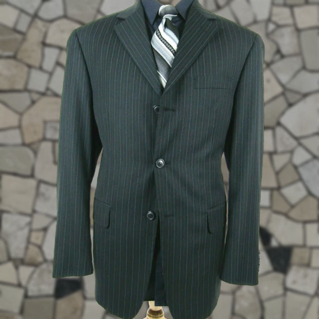 Vintage Angelo Rossi Blazer Mens 42 Charcoal Chalk Stripe Jacket Regular Classic Three Buttons Poly Blend Lining Full Dual Vent 3 Outer 4 Inner Mens Size 42R - 1 Thumbnail