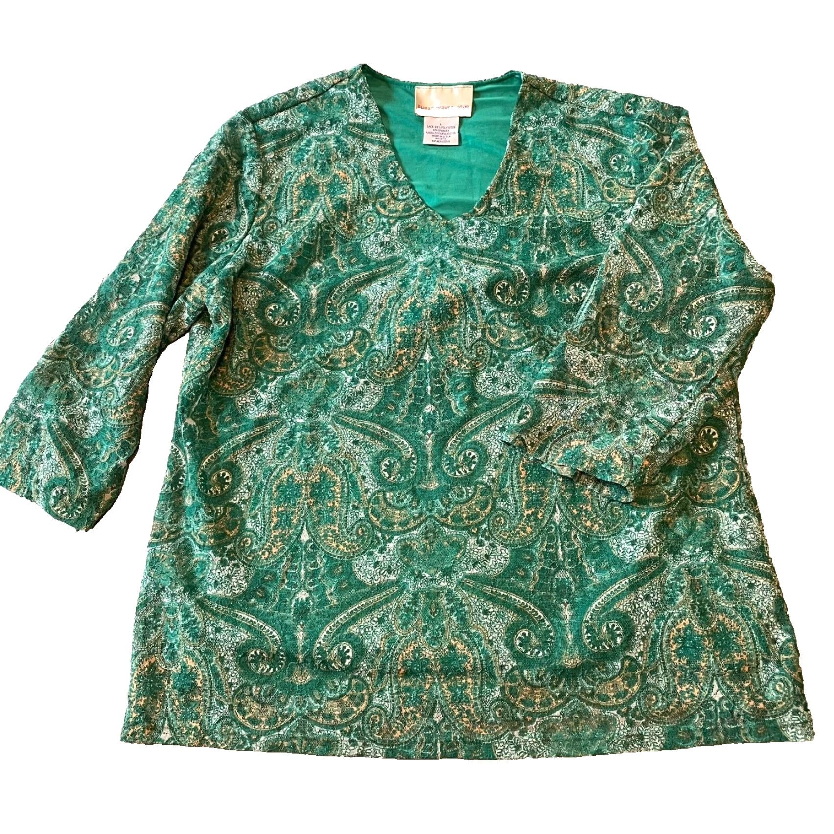Vintage Susan Graver Style Tunic Top Womens Lace Green Paisley Bohemian Shirt Versatile Adult Regular Sleeve 3/4 Casual/Office Shoes Size L / US 10 / IT 46 - 6 Thumbnail