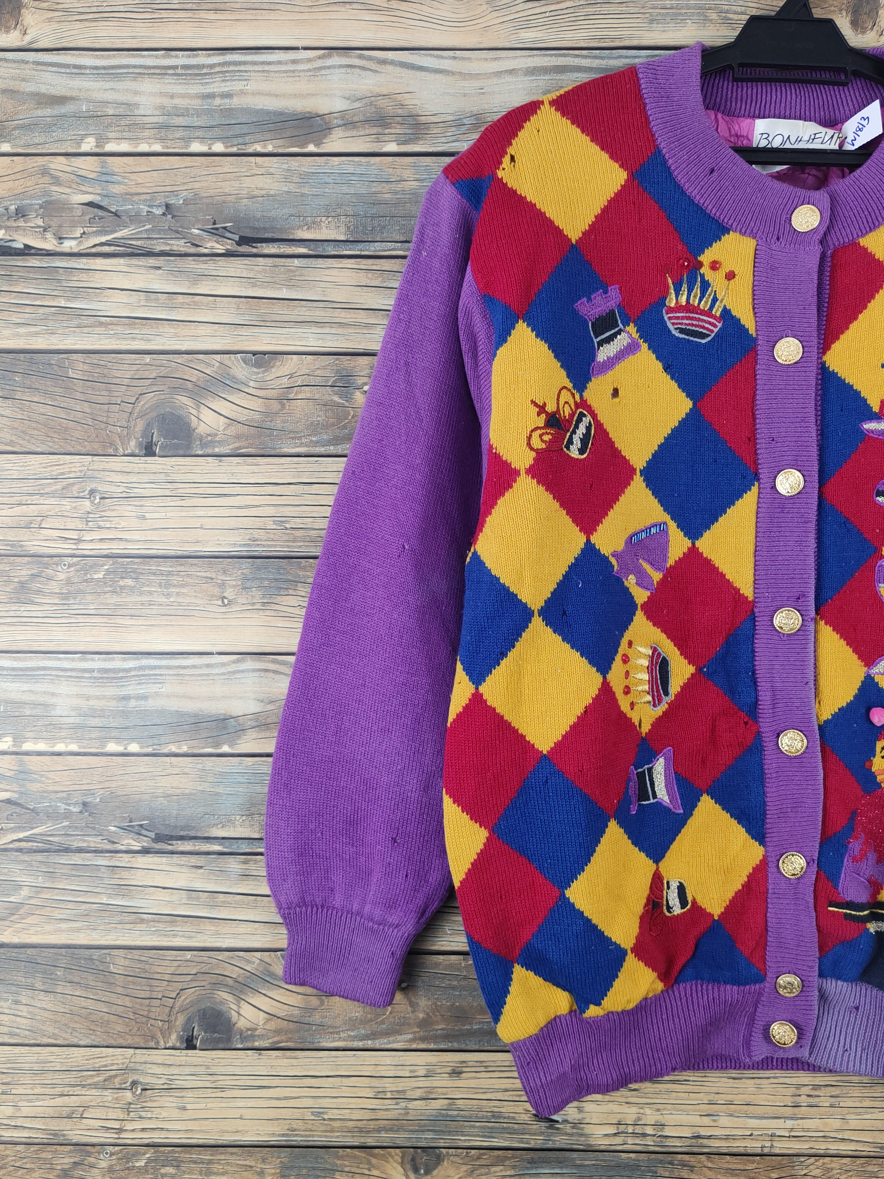 Vintage Bonheur Purple clown Knitwear Cardigan #W1813 Size US M / EU 48-50 / 2 - 7 Thumbnail