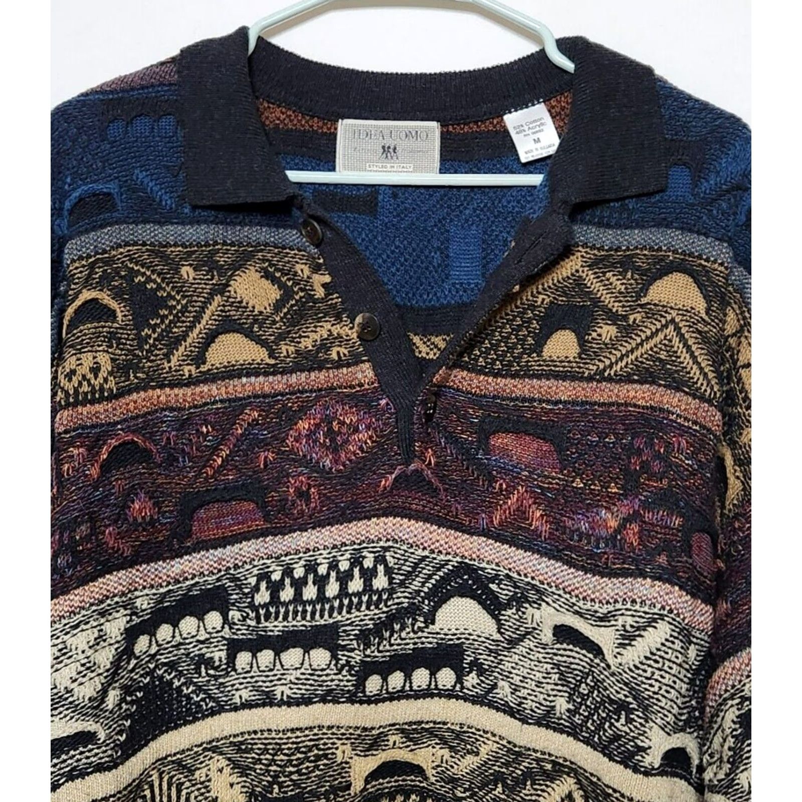 IDEA Idea Uomo Mens Sweater Collared Pullover Knit Cotton Blend Multicolor 3D Textured VTG M Size US M / EU 48-50 / 2 - 3 Thumbnail