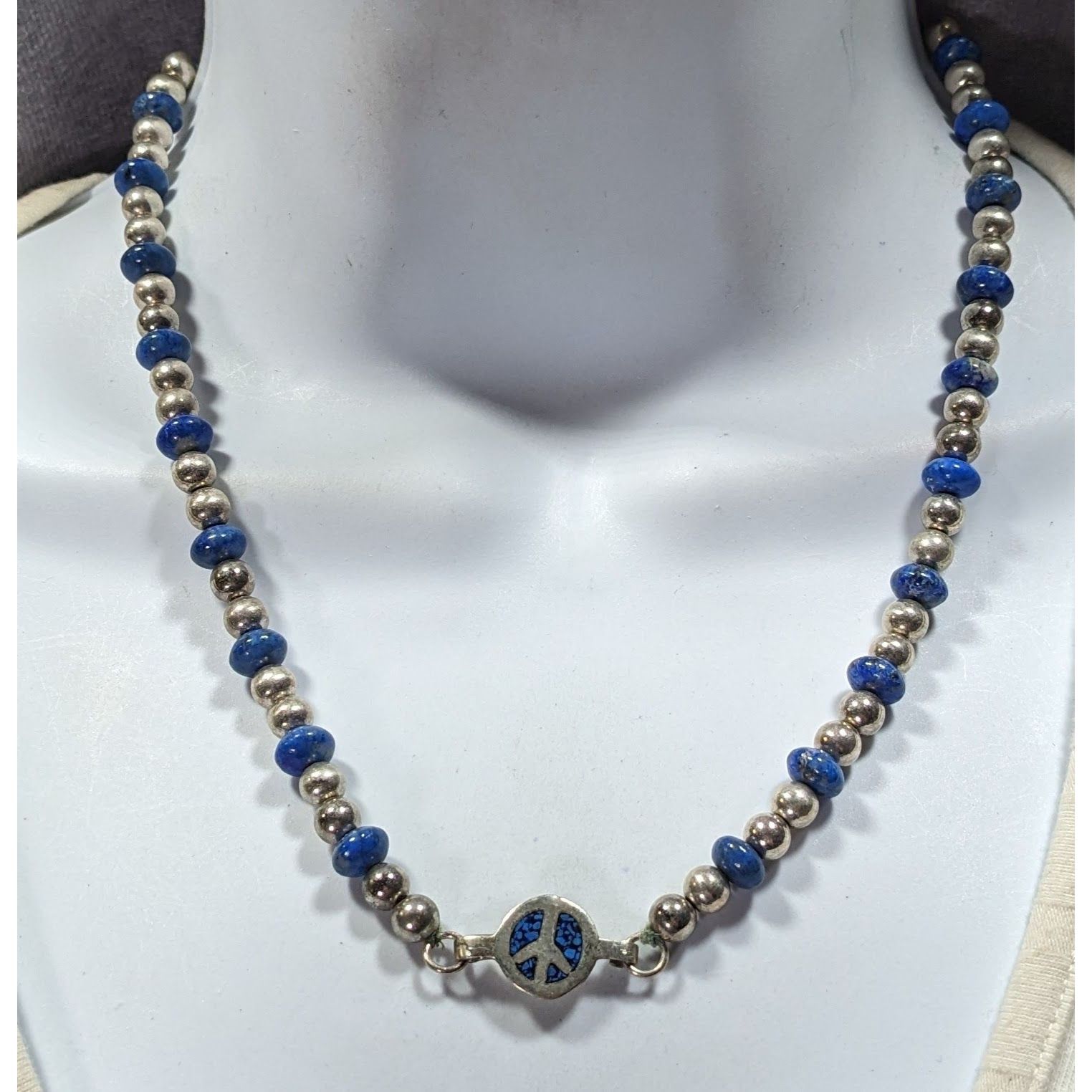 Other Vintage Hippie Peace Sign Lapis And Silver Tone Beaded Neckl Size ONE SIZE - 4 Thumbnail