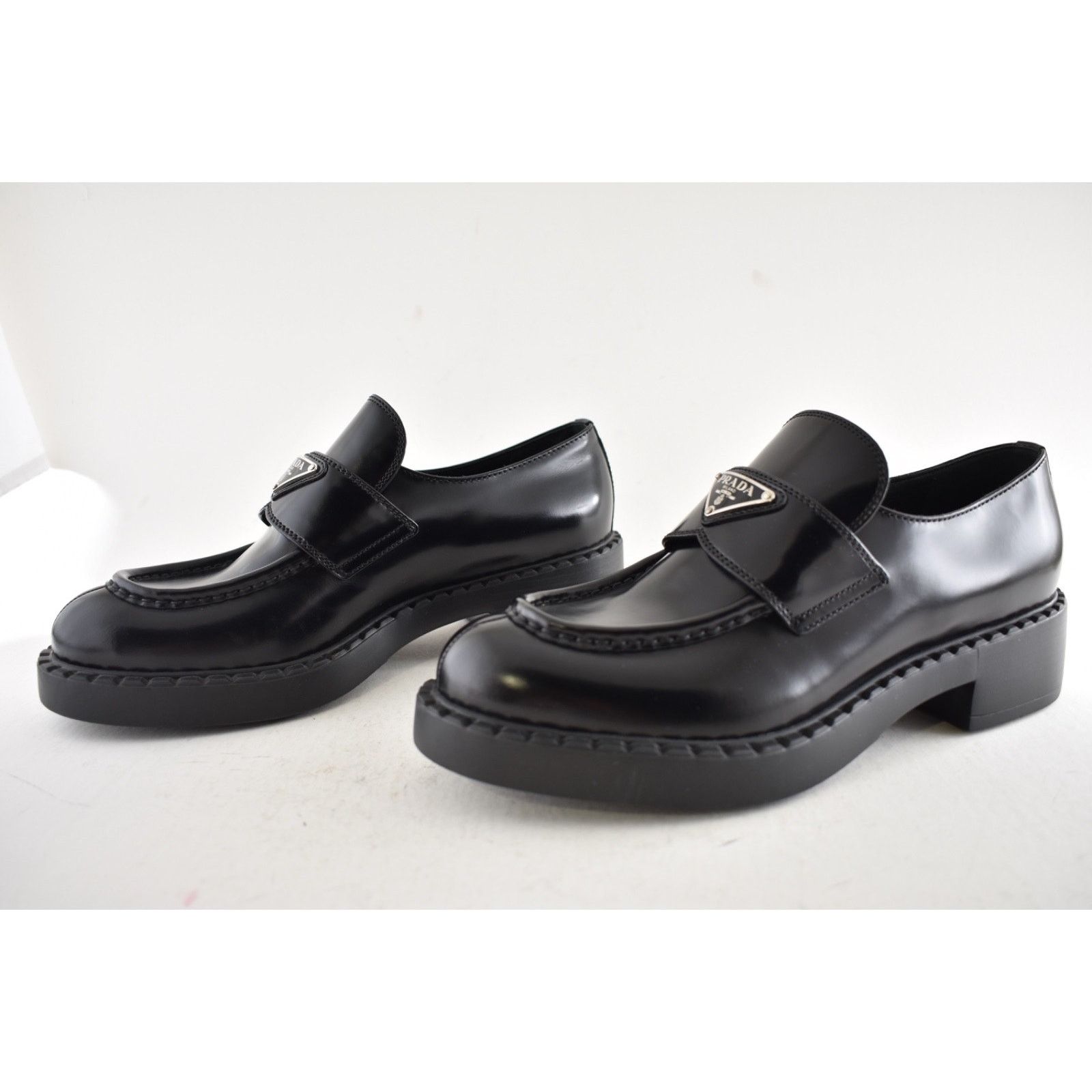 Prada Prada Chocolate Black Brushed Leather Silver Logo Platform Size US 10 / IT 40 - 14 Thumbnail