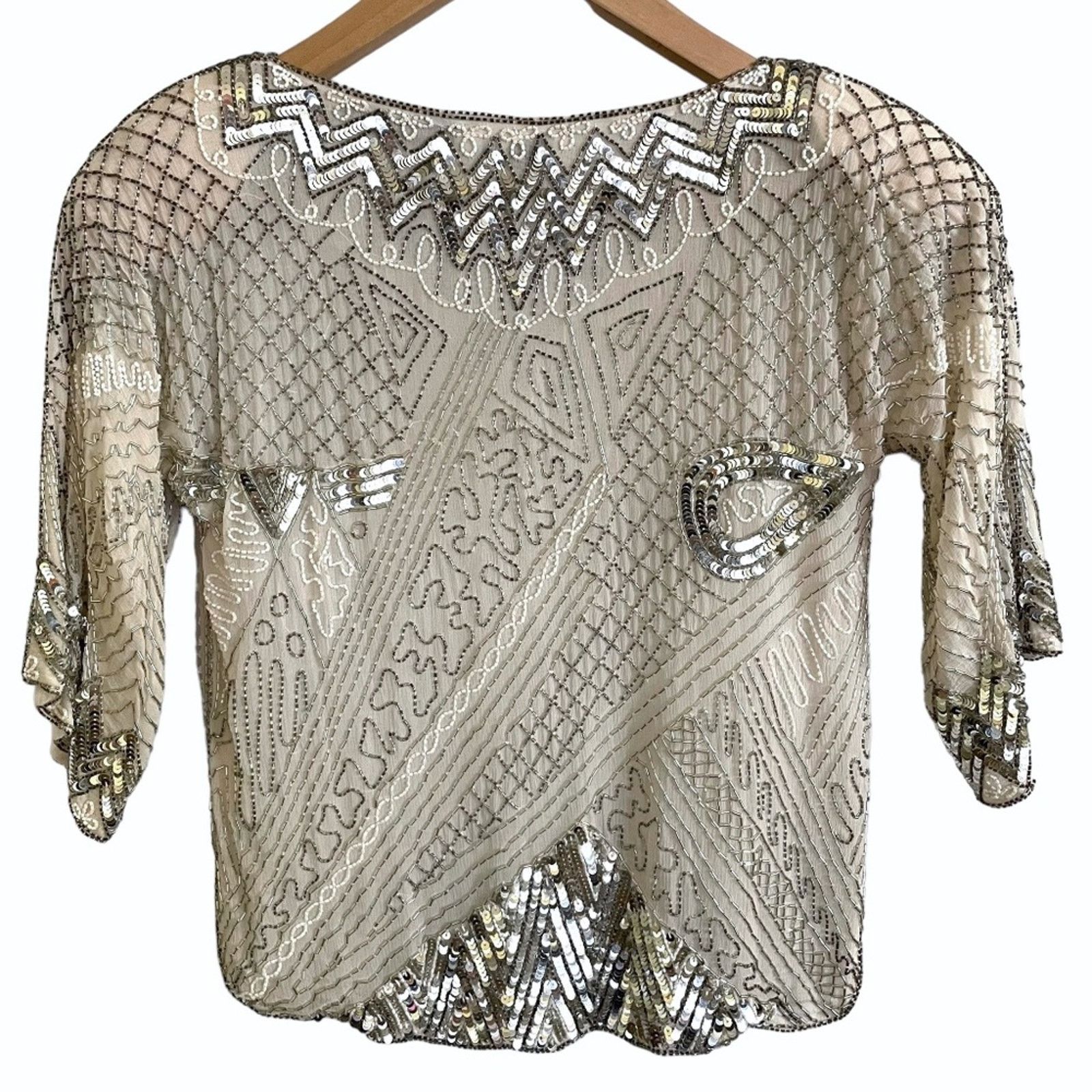 I. Magnin × Vintage Vintage Swee Lo for I. Magnin Beaded Sequin Silk Top Blouse Size S / US 4 / IT 40 - 3 Thumbnail