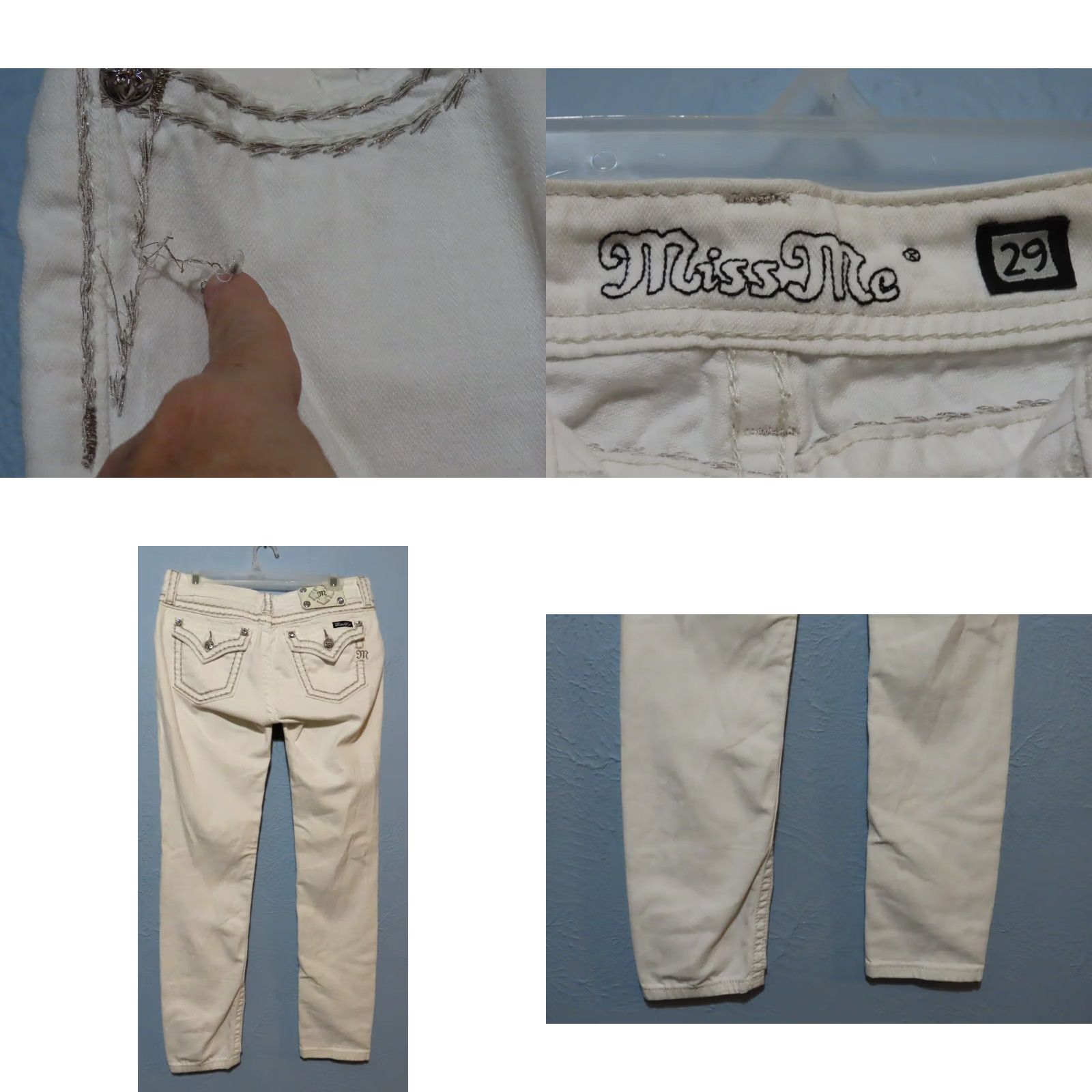 Miss Me Miss Me Signature Skinny Jeans 29 White Embroidered Rhinestone Denim Zip Low Rise Slim Rock Womens Jeans Size 29" - 8 Thumbnail