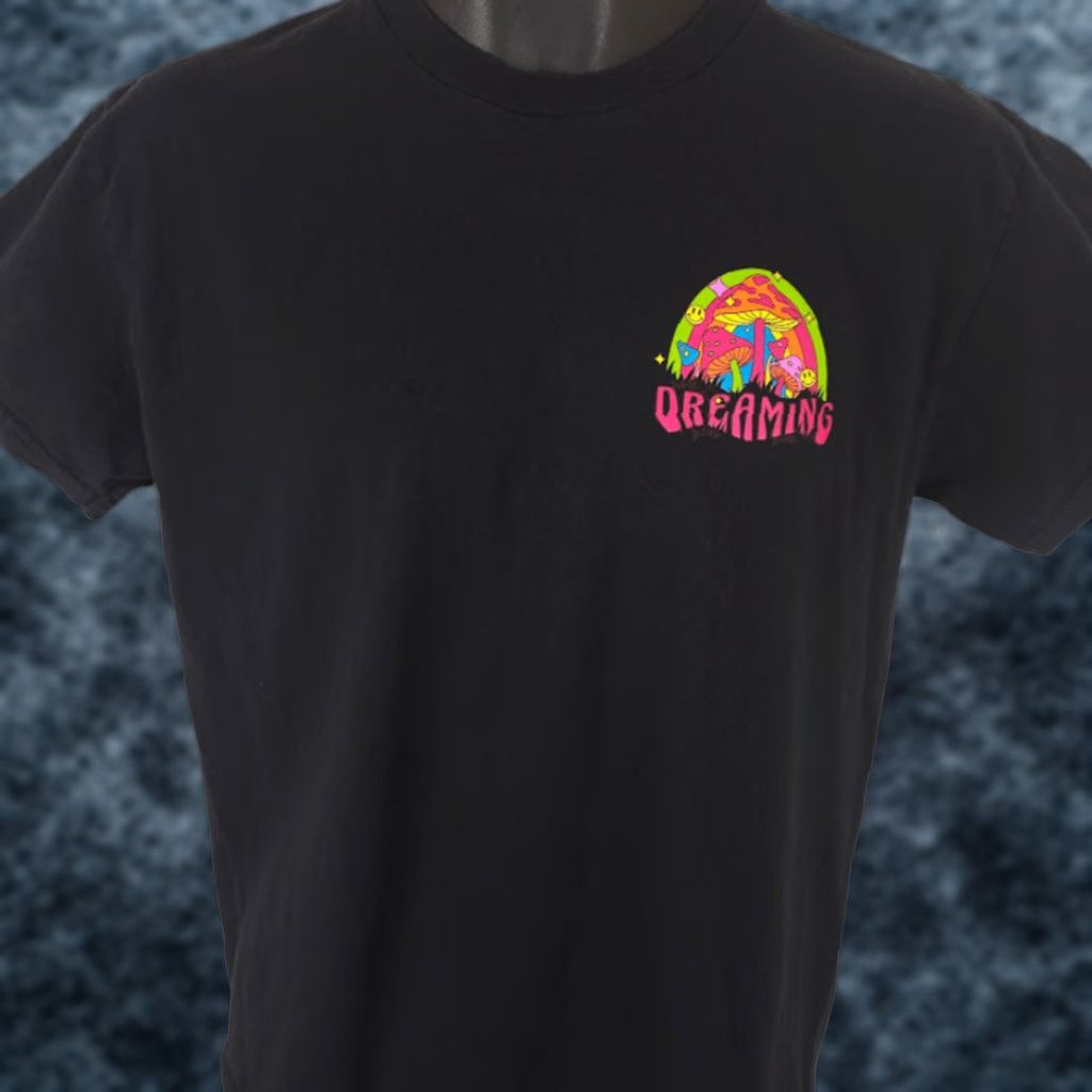 Psychedelic Mushrooms T Shirt Mens Size Medium Black Rainbow Dreaming Fungi
