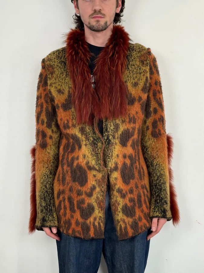 Roberto Cavalli 2000s Roberto Cavalli Vulcano Orange Leopard Fur Collar Mohair & Wool Cardigan Jacket Size M / US 6-8 / IT 42-44 - 3 Thumbnail