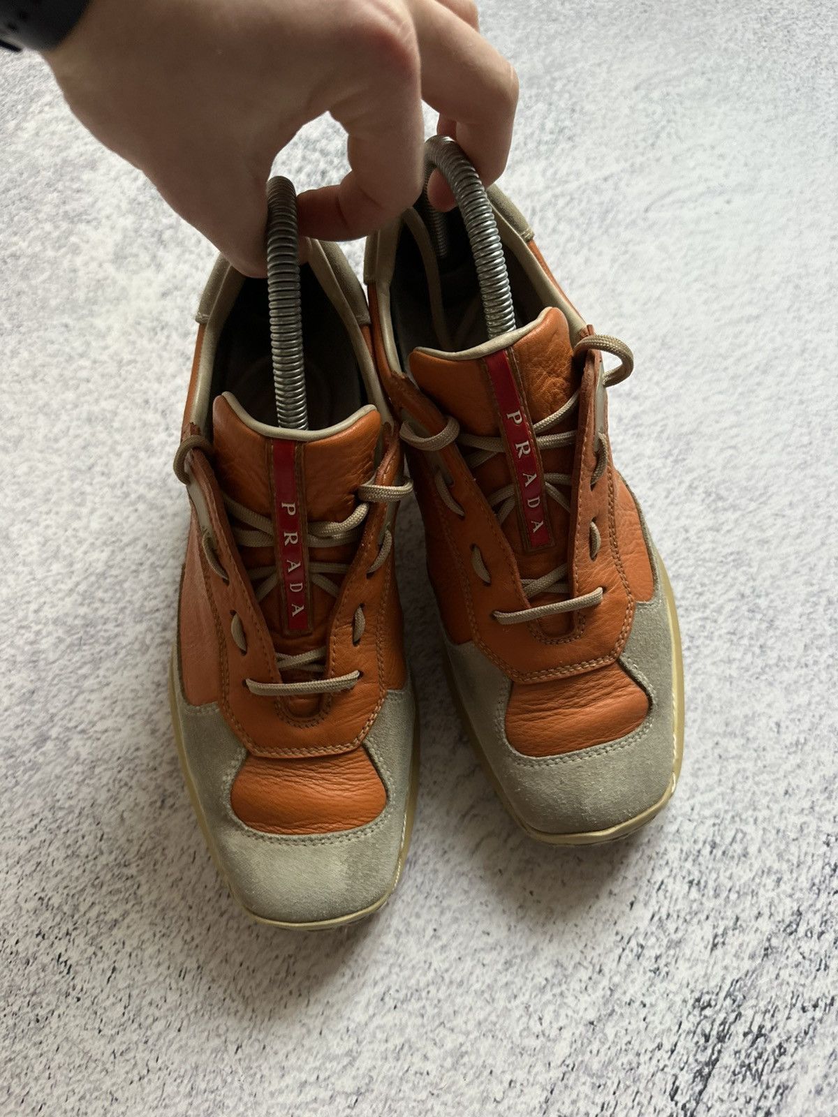 Prada Prada Red Tab Orange Leather Gray Suede Trainers Sneakers Size US 7 / IT 37 - 4 Thumbnail