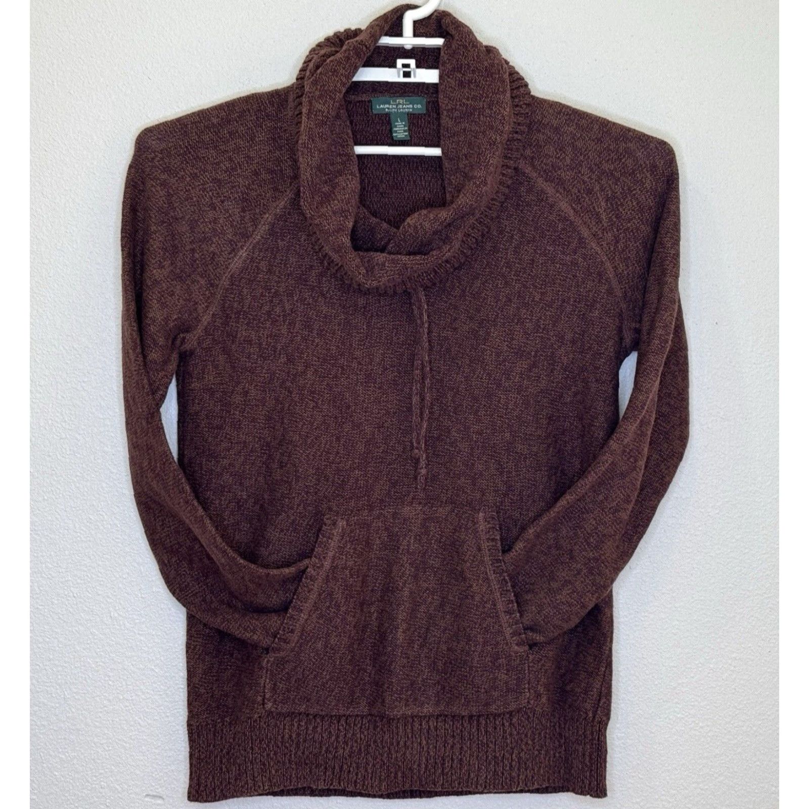 CO Lauren Jeans Co Ralph Lauren Cowl Neck Sweater Womens Size Large Brown Pocket Pullover Slim Knit 100% Cotton Size L / US 10 / IT 46 - 2 Thumbnail