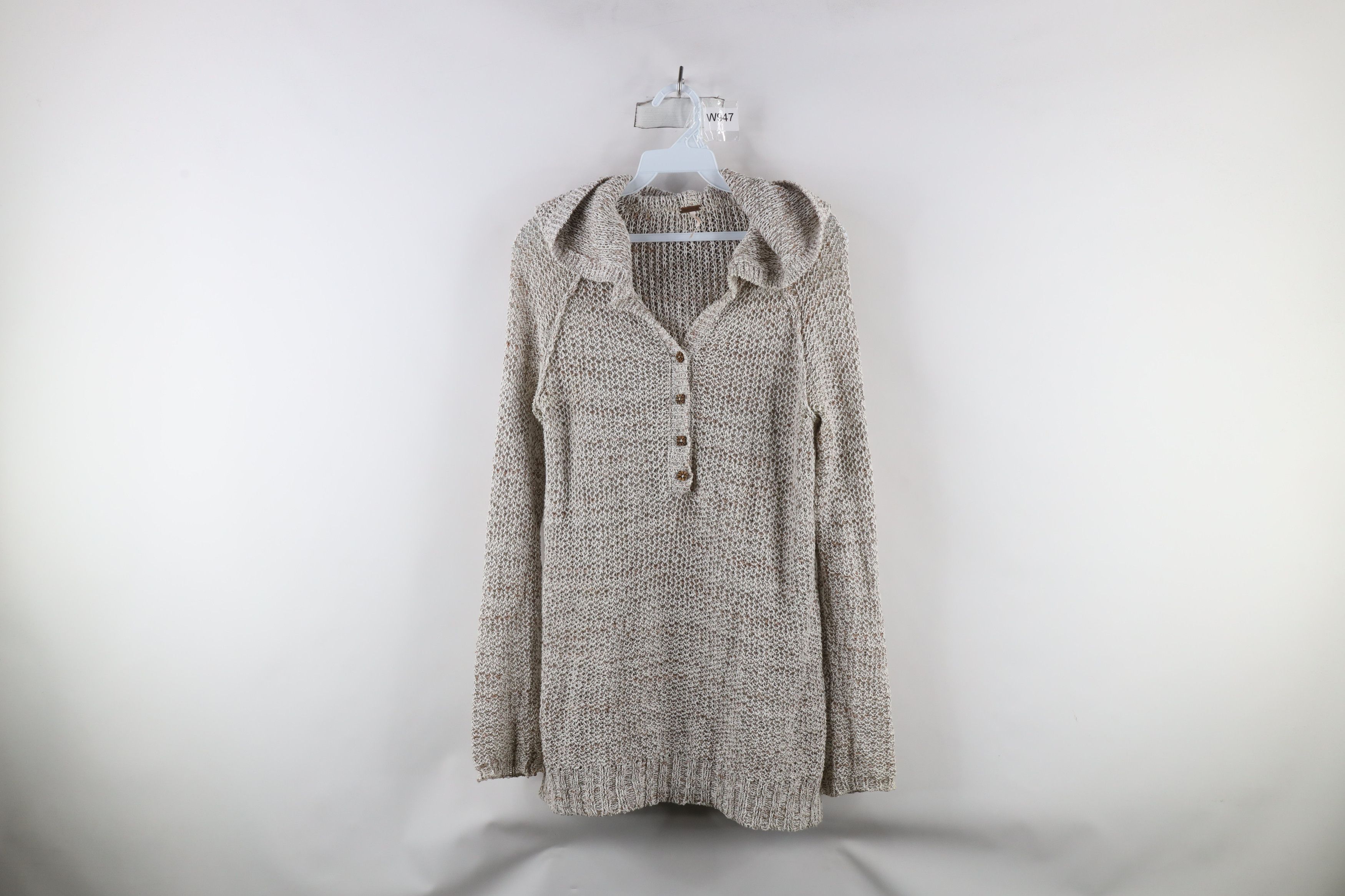 Free People × Vintage Free People Lightweight Crochet Knit Henley Hoodie Beige Size M / US 6-8 / IT 42-44 - 1 Thumbnail