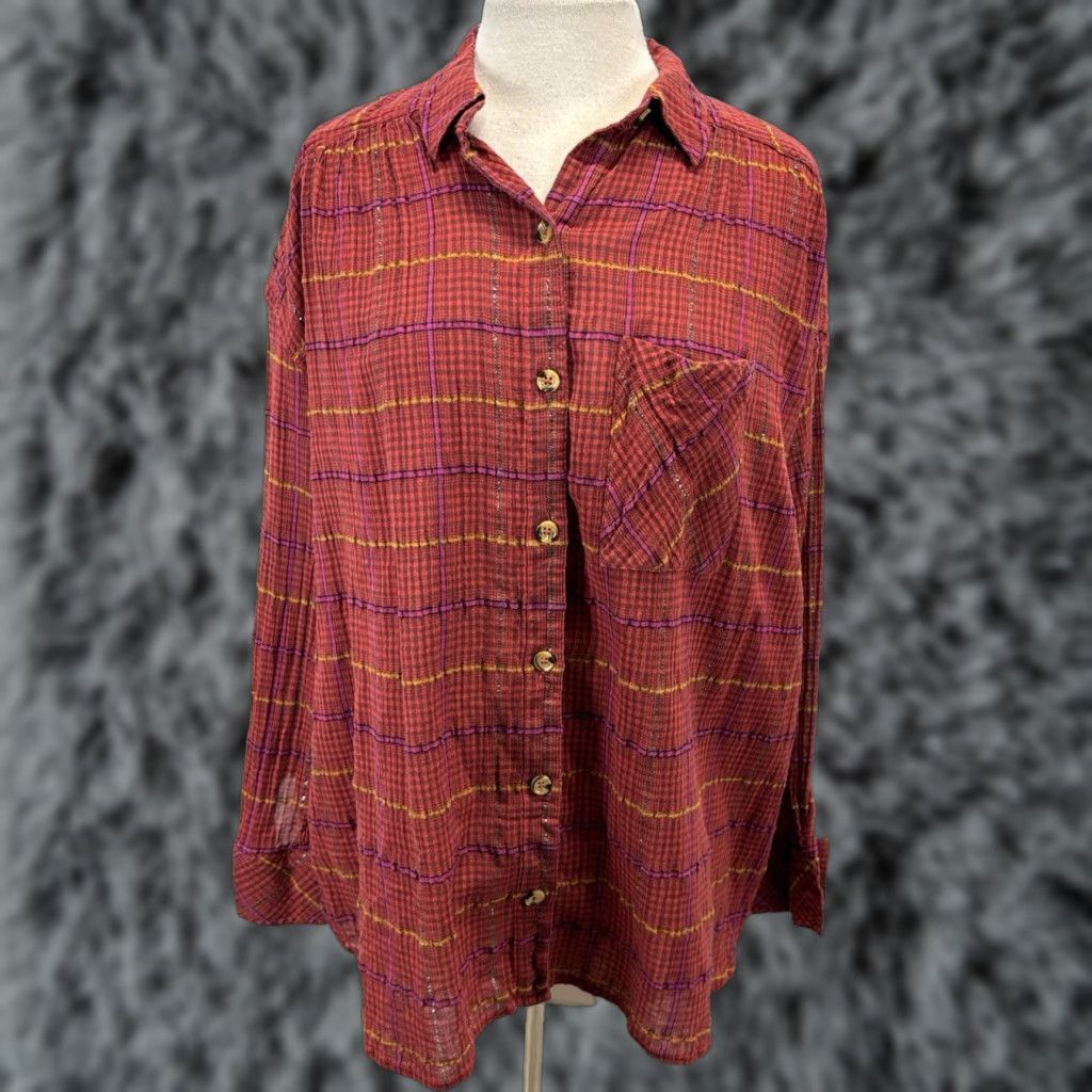 Free People Free People Break My Stride Plaid Tunic Size Medium Red Long Sleeve Oversized Size M / US 6-8 / IT 42-44 - 1 Thumbnail