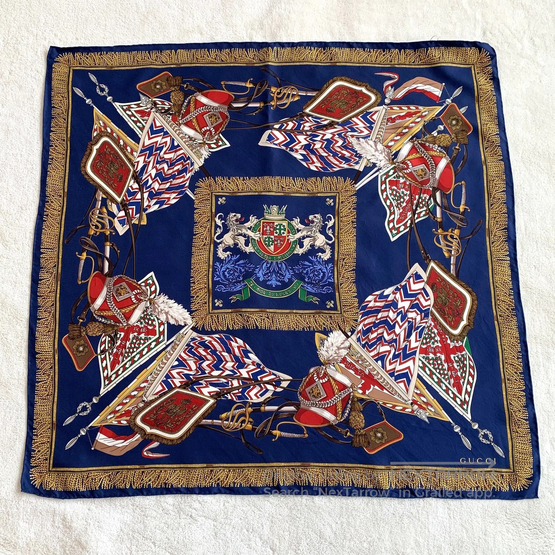 Gucci Guicci Navy Blue Badge Printed Twill Silk Scarf| Size ONE SIZE - 1 Thumbnail