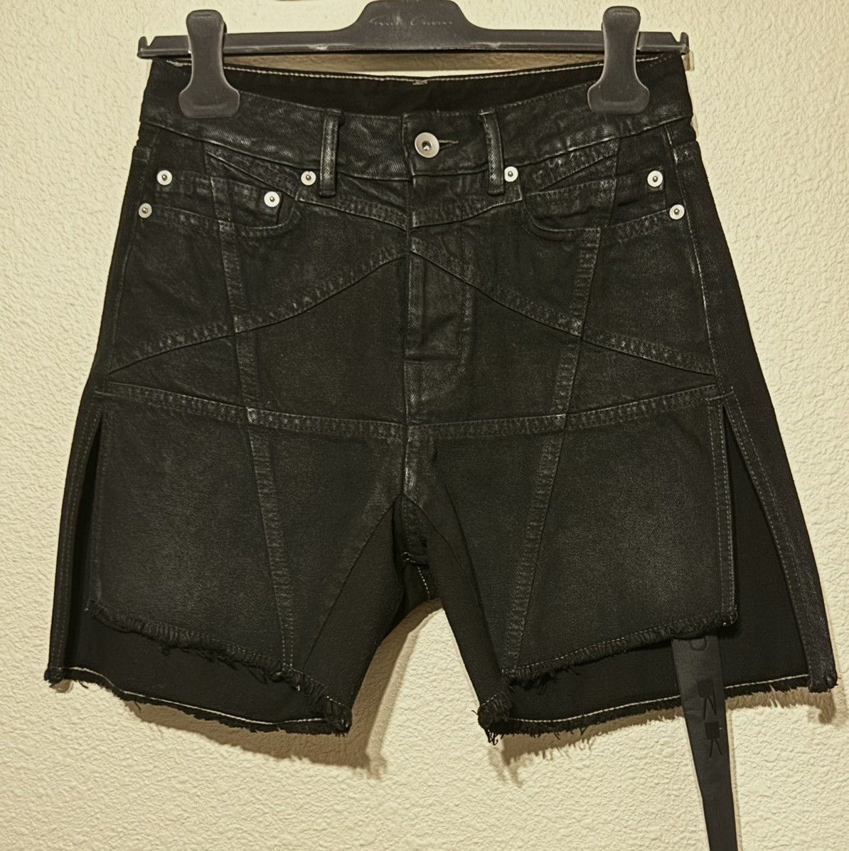 image of Rick Owens Ss22 “Fogachine” Black Wax Penta Tucker Cut Off Shorts, Men's (Size 27)