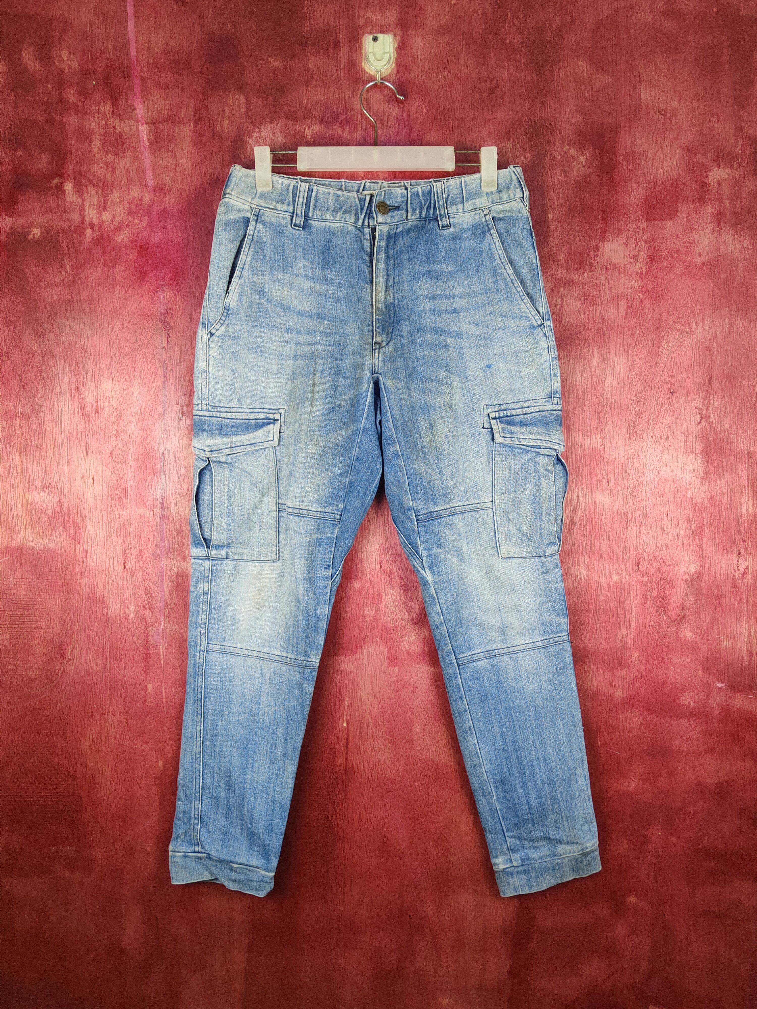image of Distressed Denim x Vintage Oilcake Blue Distressed Multipocket Jogger Jeans S1879 in Blue Denim (Si