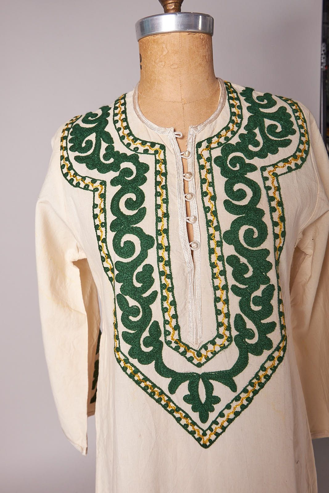 Vintage 1970s Cream Cord Embroidered Maxi Caftan Dress Size ONE SIZE - 7 Thumbnail